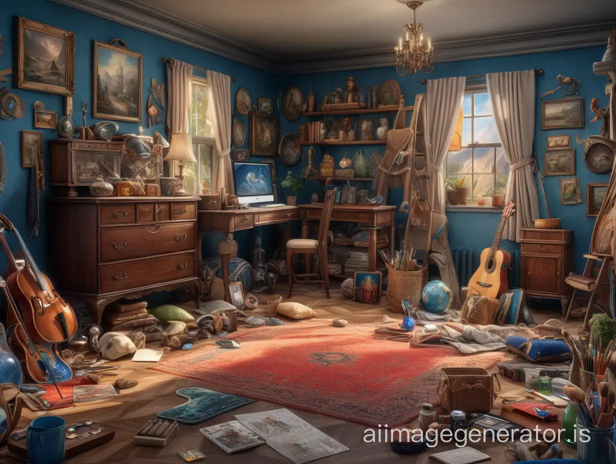 a room with a lot of items on the floor, painting of a room, 8k high quality detailed art, interior background art, adventure hyper realistic render, detailed painting 4 k, overdetailed art, find the hidden object, 8 k highly detailed art, highly detailed scene, interior scene, incredible screenshot, detailed scene