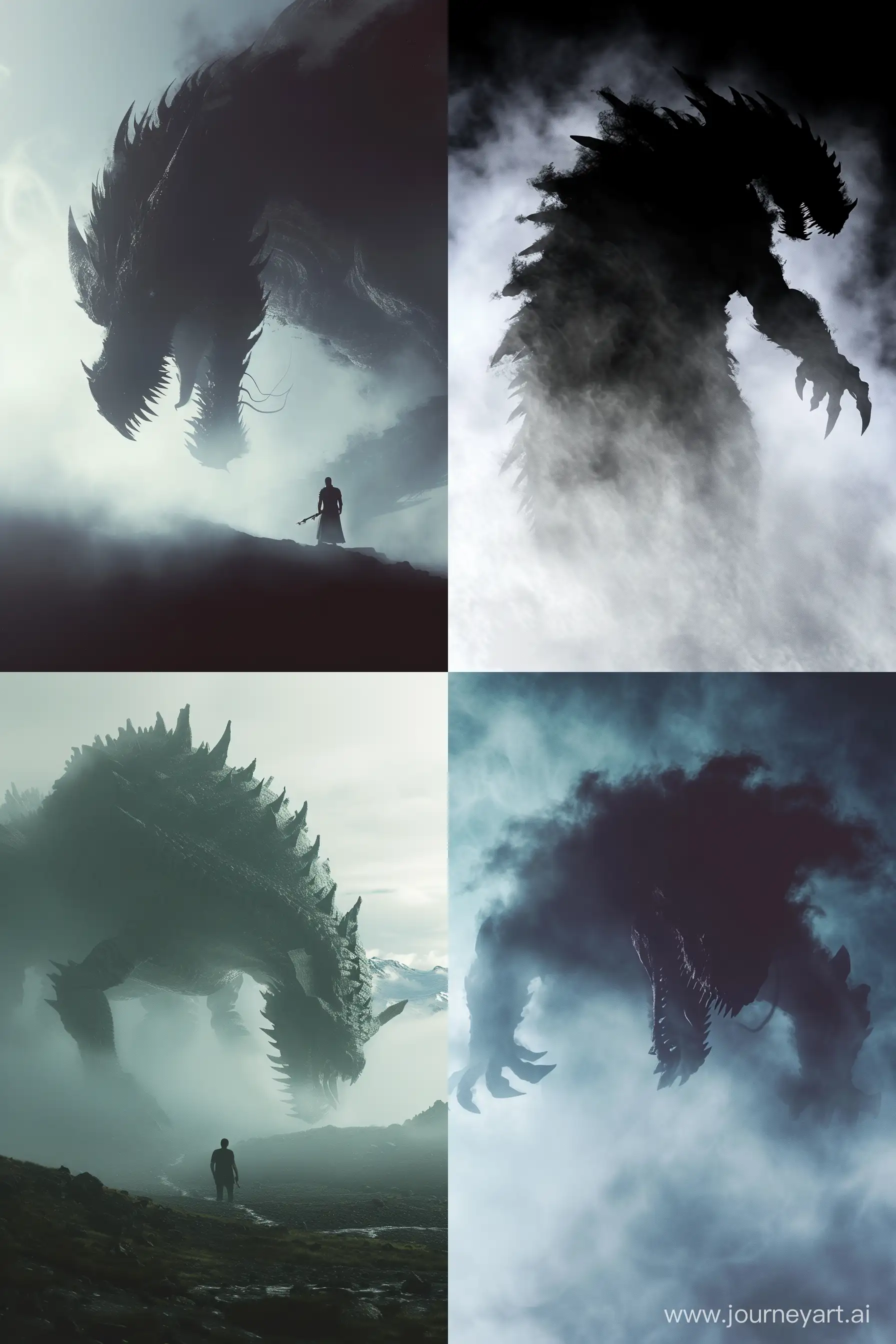 noir and dark, giant mutant dragon silhouette with fog surrounding it, in the style of peter gric, gigantic scale, emily carr, concept art, dino valls, made of mist, animated gifs --ar 2:3 --v 6.0 --s 70 --c 10