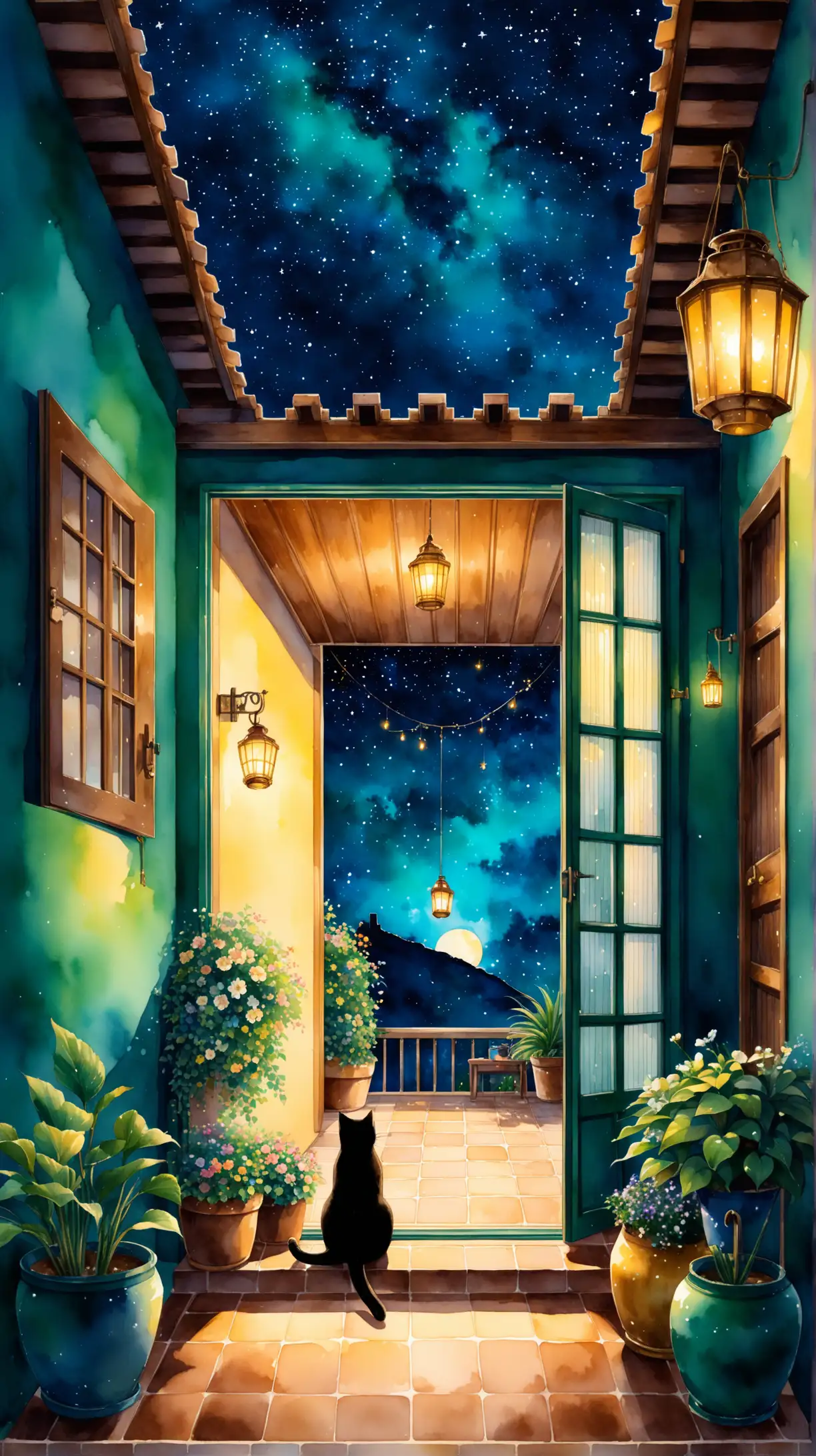 view from inside house to outside through opened door and a beautiful cat sitting by the opened door look outside to the dark night starry sky, pots of plants, pots of flowers, one lantern hanging on the ceiling,  window with tile curtain, palette colors of dark blue tosca, dark blue, green tosca,  gold yellow, 8k render, watercolor painting