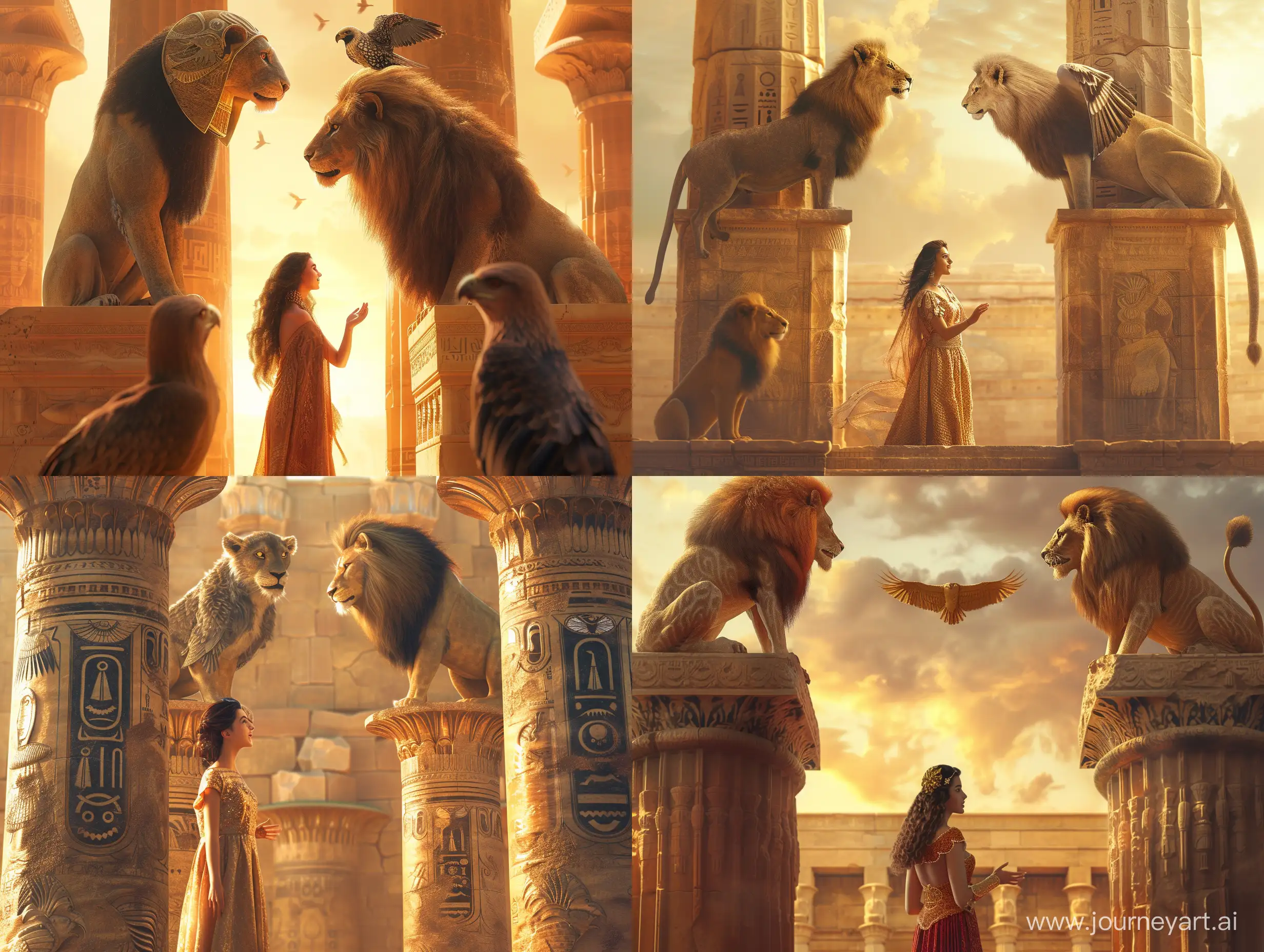 A beautiful princess of Persia is stands Front of two big columns and talking to two animals who are above the columns one of them is An animal with a head like an Achaemenid human face and a beard king and a lion's body and two wings is is standing on the top of a coulum of Persepolis and the other animal is on the top of another column an animal whose head is like an eagle's head and the body of that animal is like the body of a lion is sits. in an ancient civilization, cinematic, epic realism,8K, highly detailed, bird's eye view, golden hour lighting, make a realistic photo.