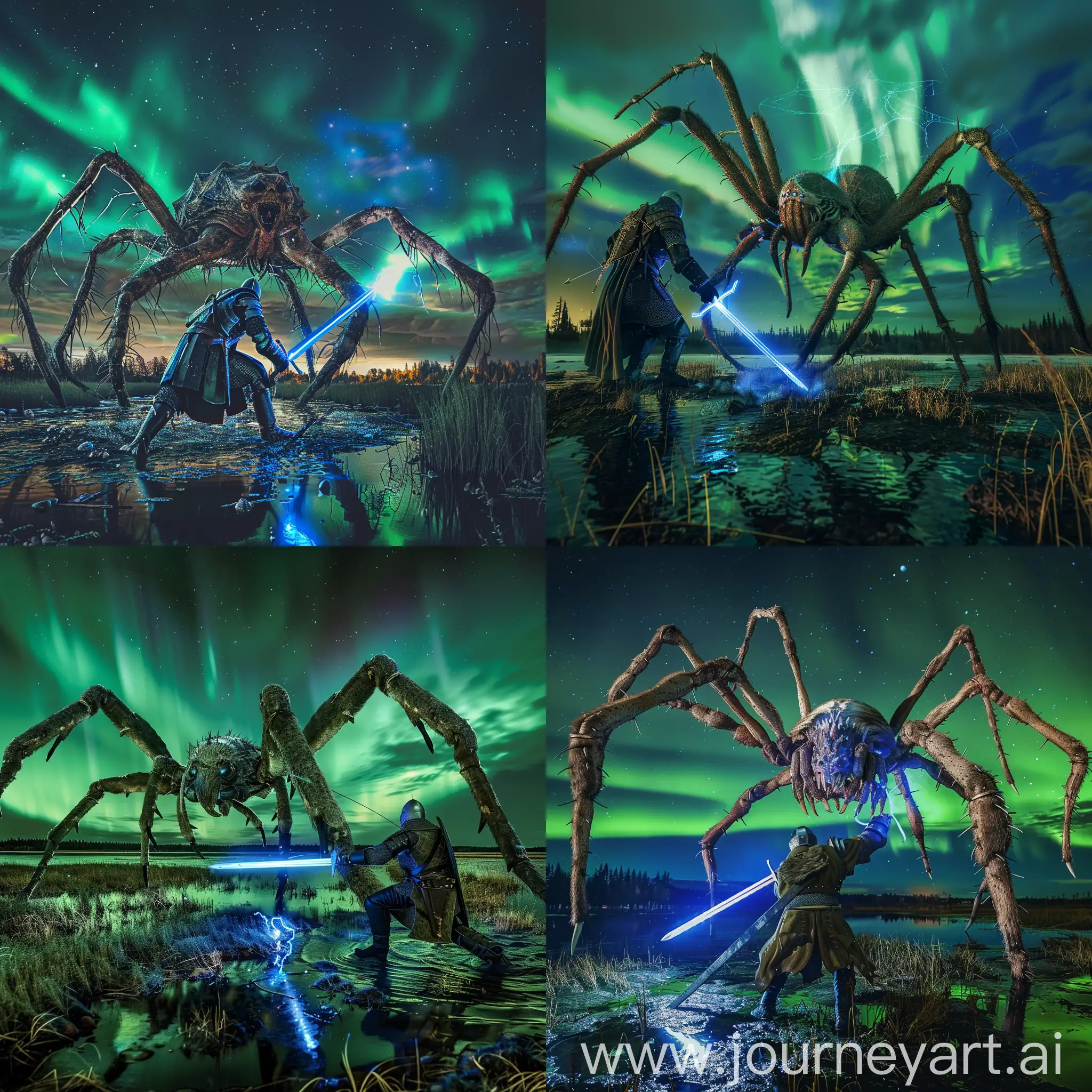 A super realistic photo of a medieval monster hunter  fighting a monster that is like a spider 10 times the size of a man on a swamp while the warriors sword is shining blue and the skies are filled with northern green aurora at a dark night