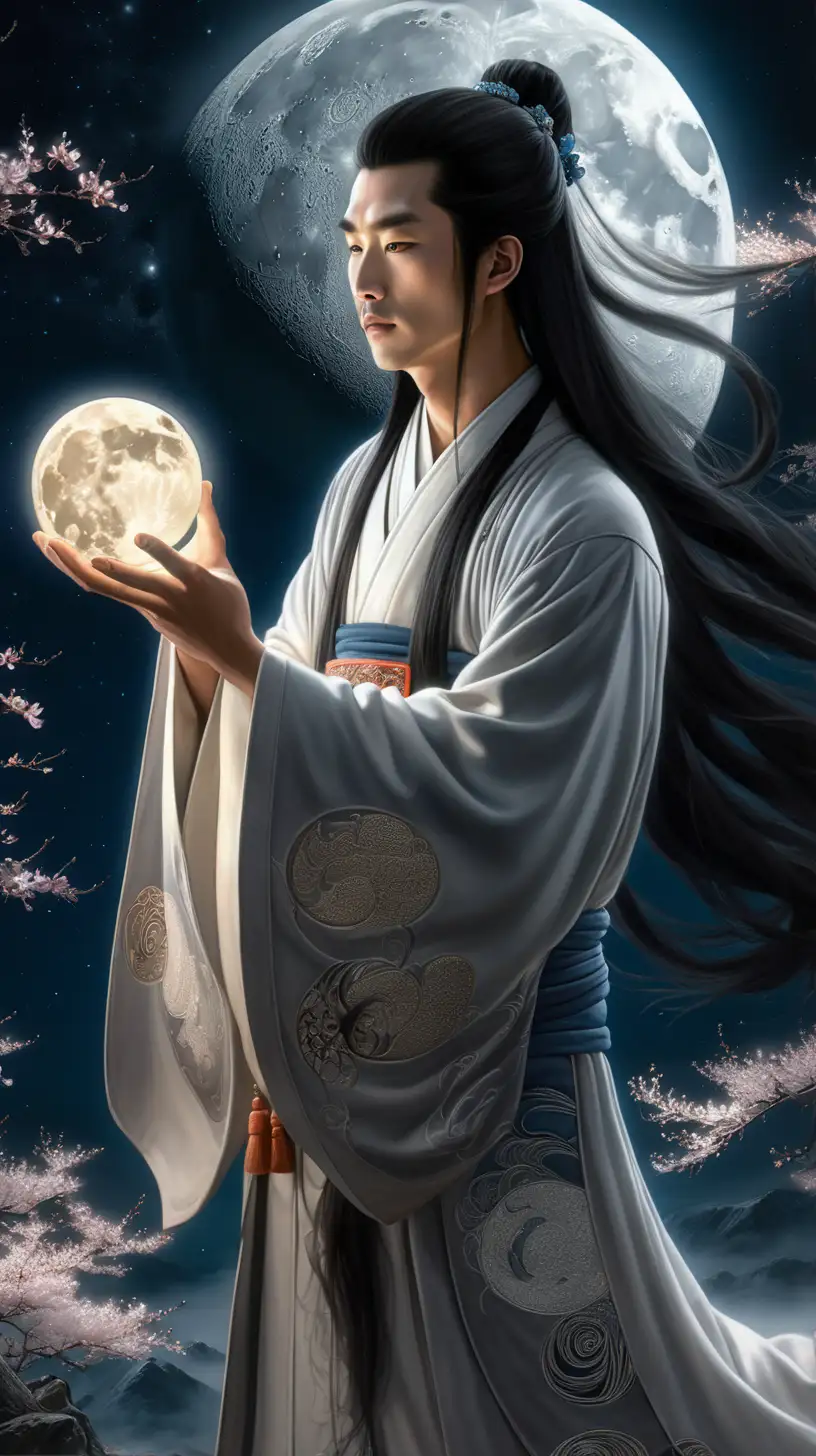Ethereal Chinese Moonlight Mystical Portrait of a Man with Orb