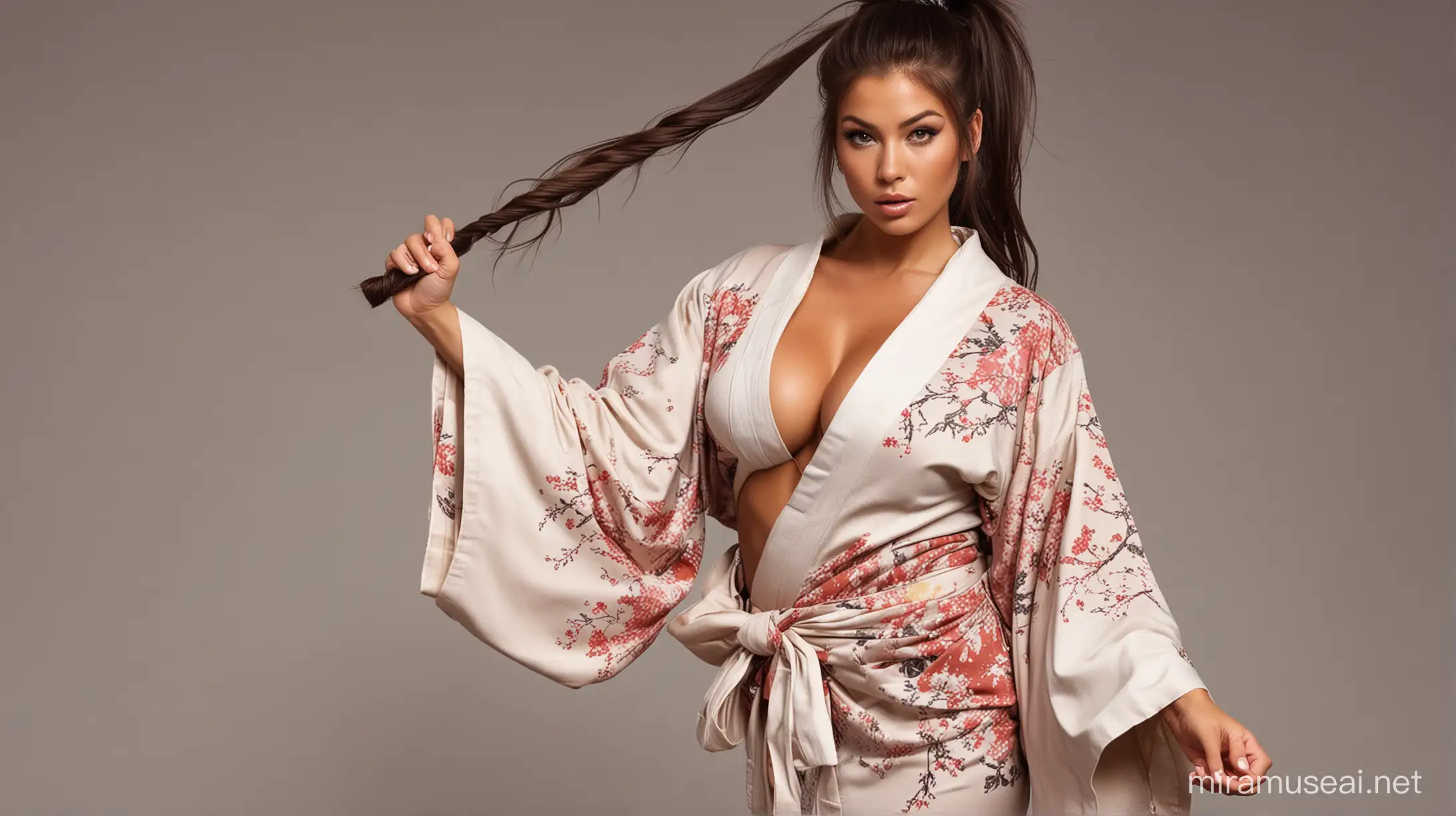 Seductive Giantess with Muscular Physique in Kimono Sleeves