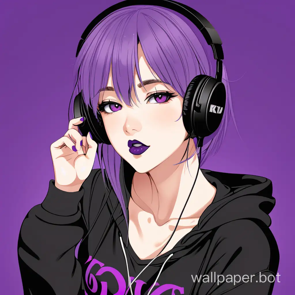 adult beautiful girl, purple, headphones, black sweatshirt, black bra, dark purple background, airy kiss