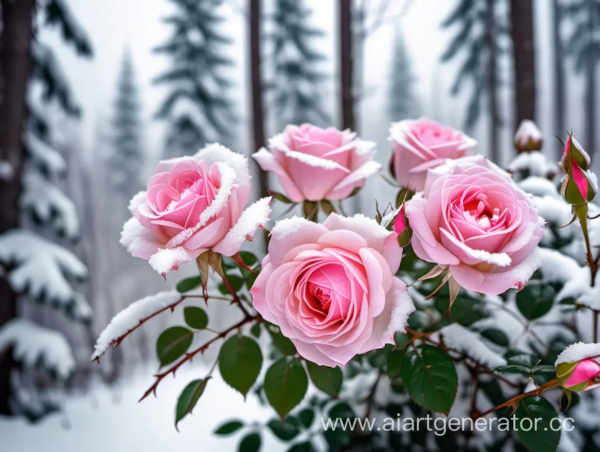 Pink roses bloom in clusters in the snowy winter forest