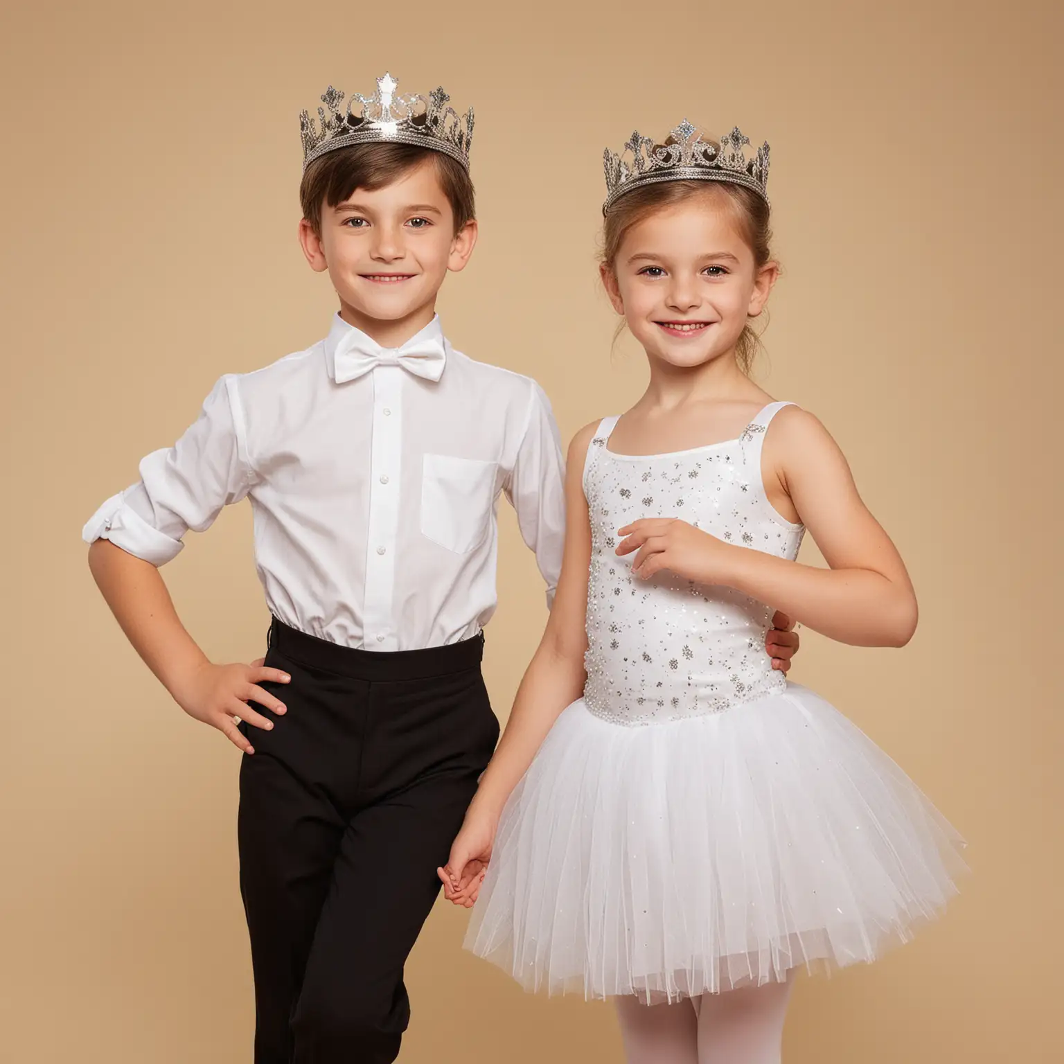one girl, aged 5, in ballet attire with a tiara on. one boy, same age, dressed in a white shirt and black pants, with a crown on. tap dance. camp. fun and happy. close up. looking at the camera. whimsical. solid background.
