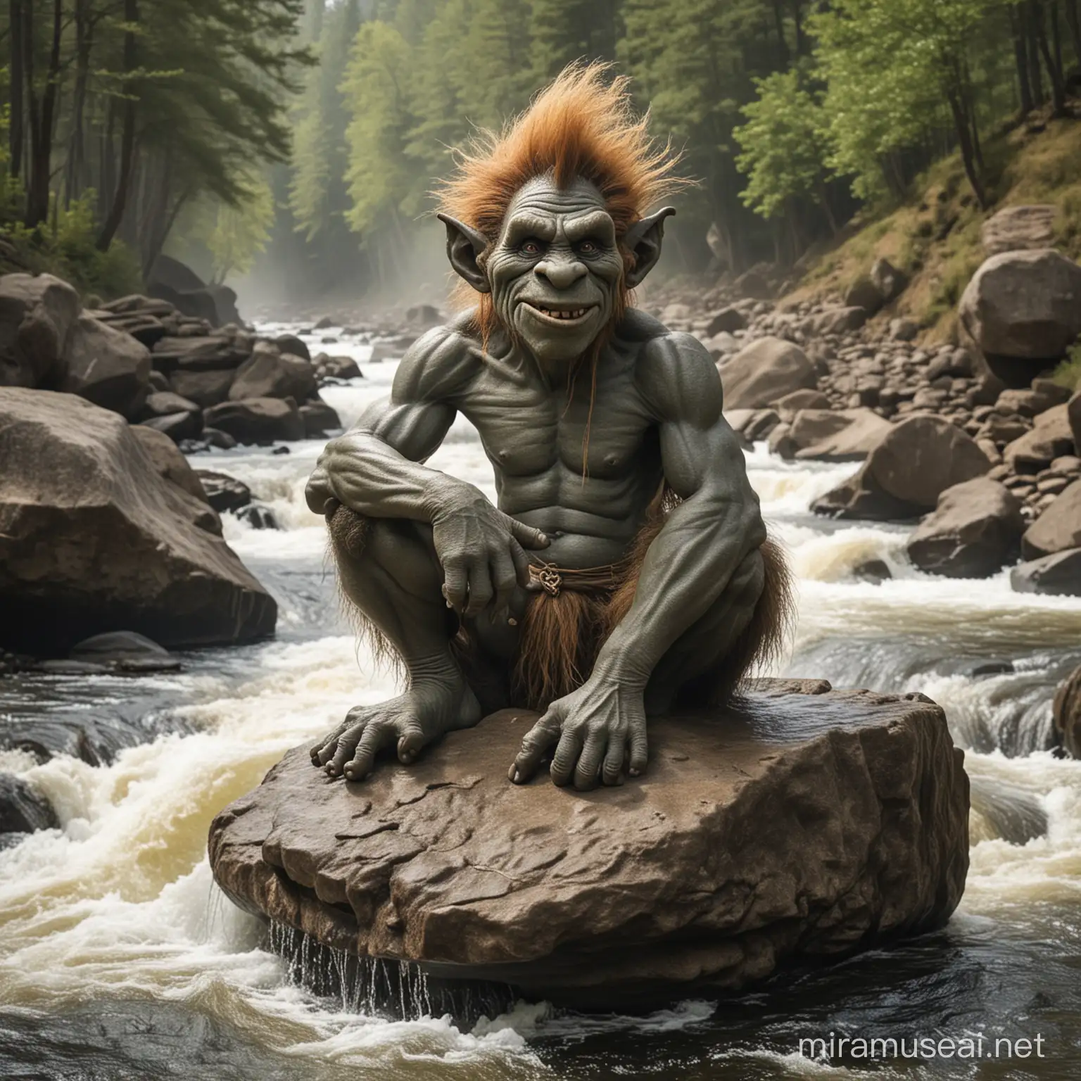 a troll sitting on a rock in the middle of a rapid