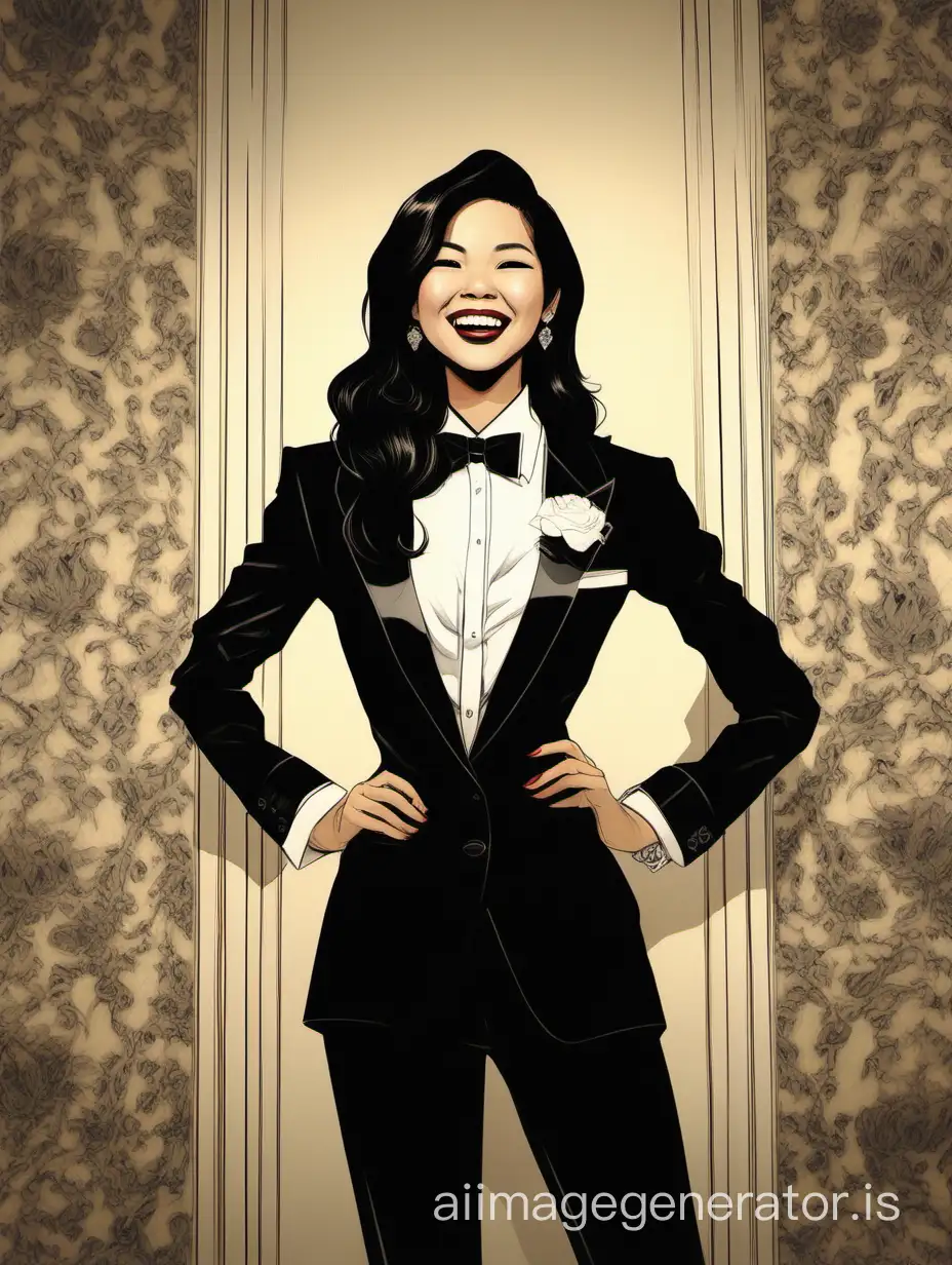 Vietnamese-Woman-in-Tuxedo-Laughing-in-Luxurious-Mansion