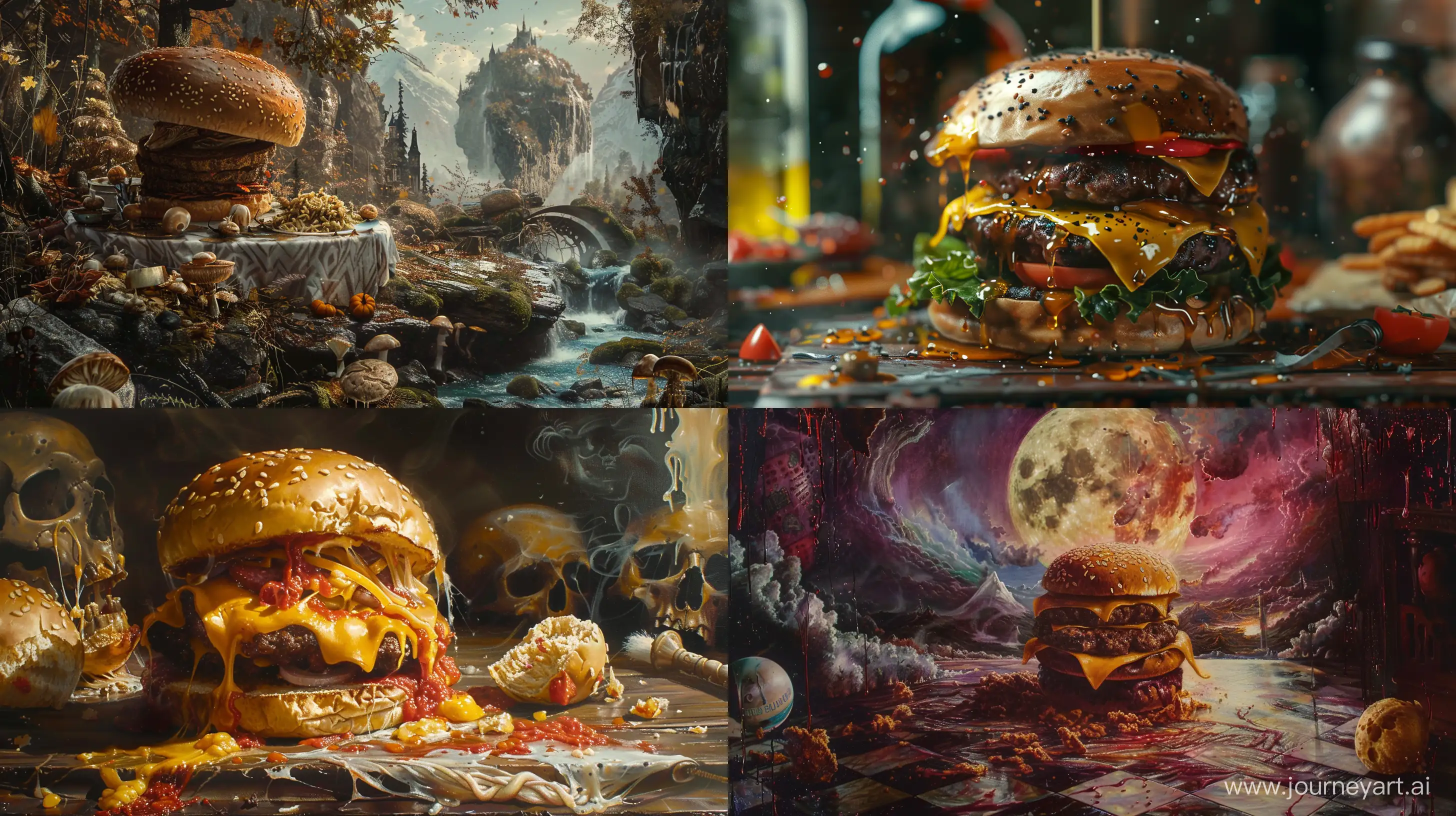 cheese:: burger:: painting, fantasy style, realistic --ar 16:9