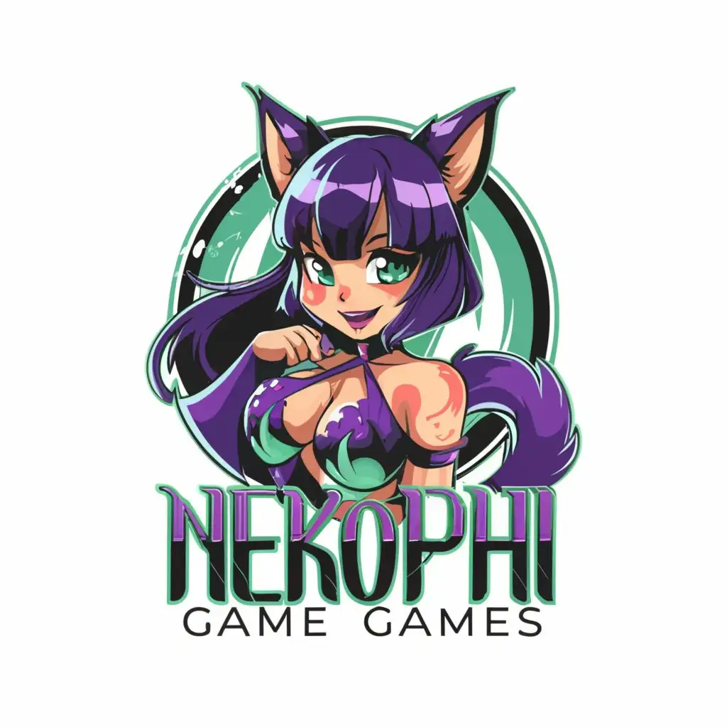 LOGO-Design-For-NekoPhi-Games-Elegant-Anime-Catgirl-in-Purple-and-Teal-Bra