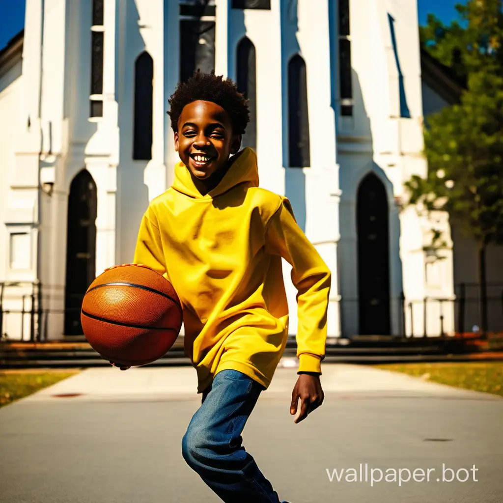 happy, smiling 13-year-old African American boy with yellow hoodie, playing basketball in front of church