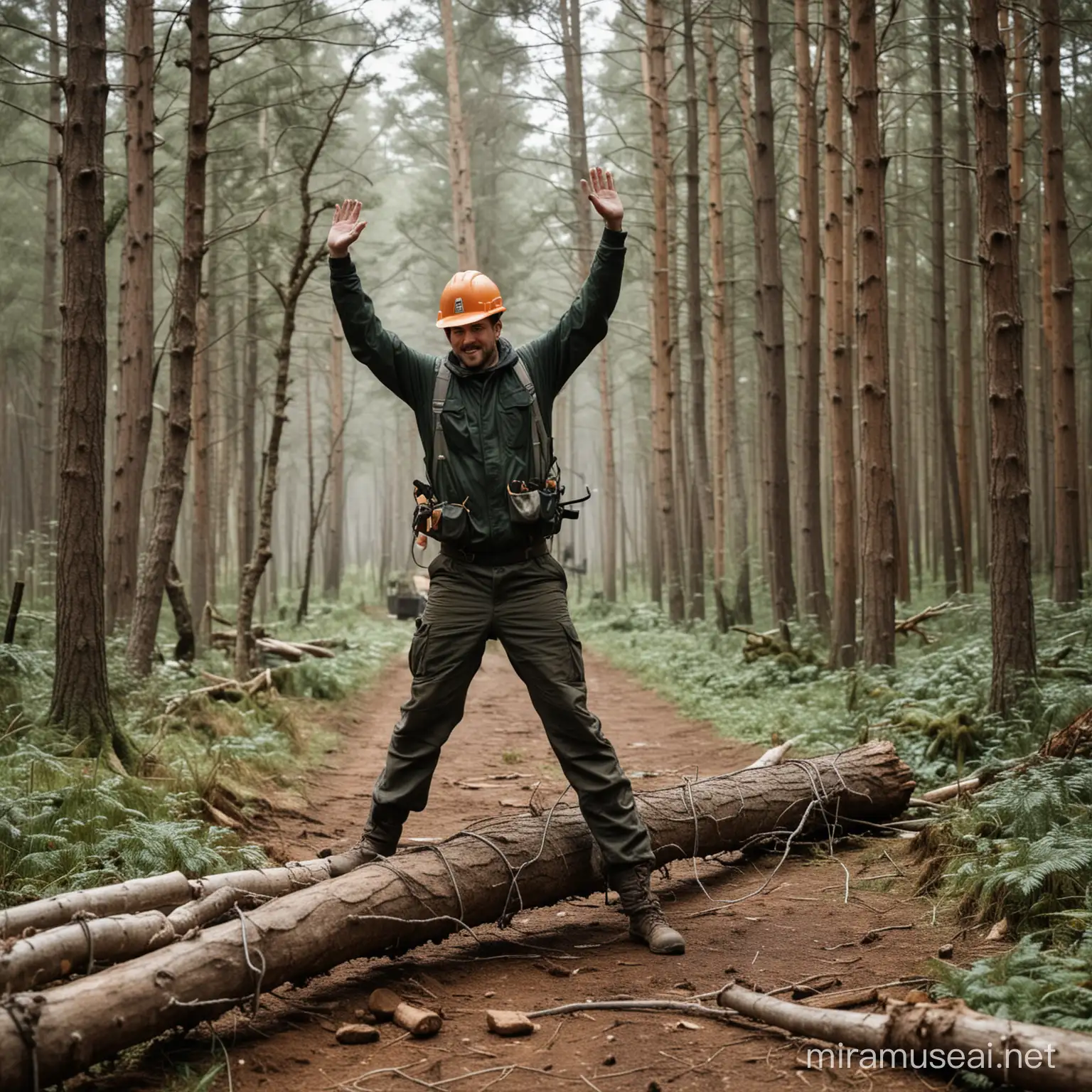 A forest worker standing with the back bent forward and twisted sideways, two hands raised in the air, two legs bent and pulling a big cable attached to a leaning  tree felled in the forest.