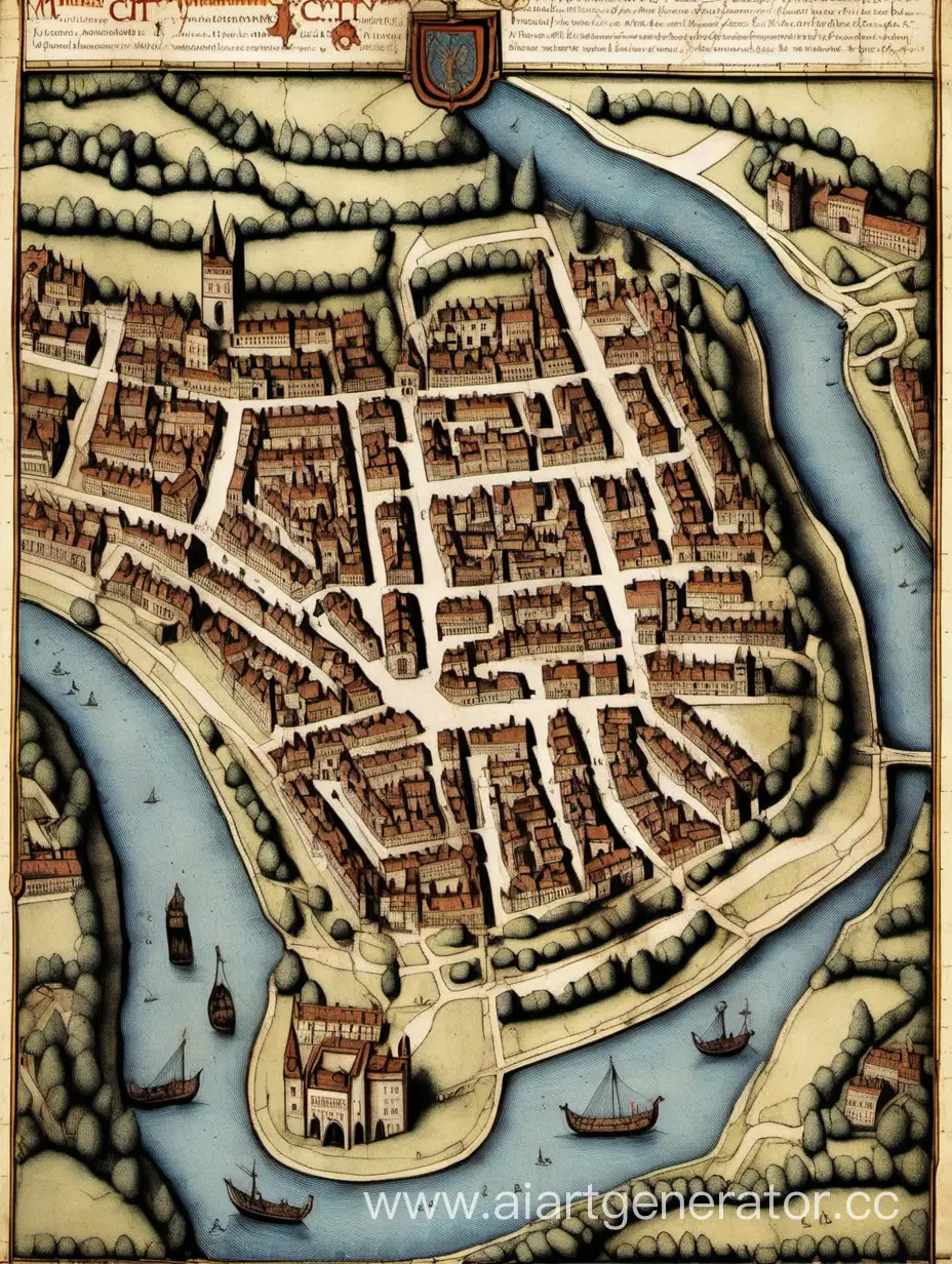карта средневекового города у реки  с площадью в центре