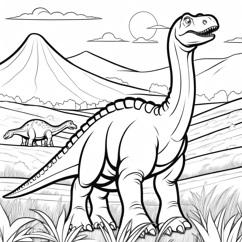 Cartoon Sauropod Coloring Page for Kids in a Field