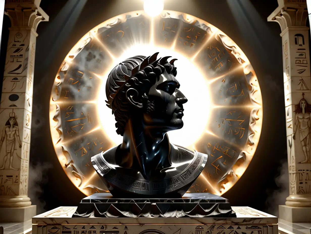 A realistic looking black marble statue of a young man facing forwards with a glowing halo behind brimming with power illuminating the space behind him, the marble is polished and gorgeous, all details carved are phenomenal and professional, studio quality photo, photorealism, created for the cover of an music album, background is in muted white papyrus style page with signs of ancient hieroglyphs barely visible