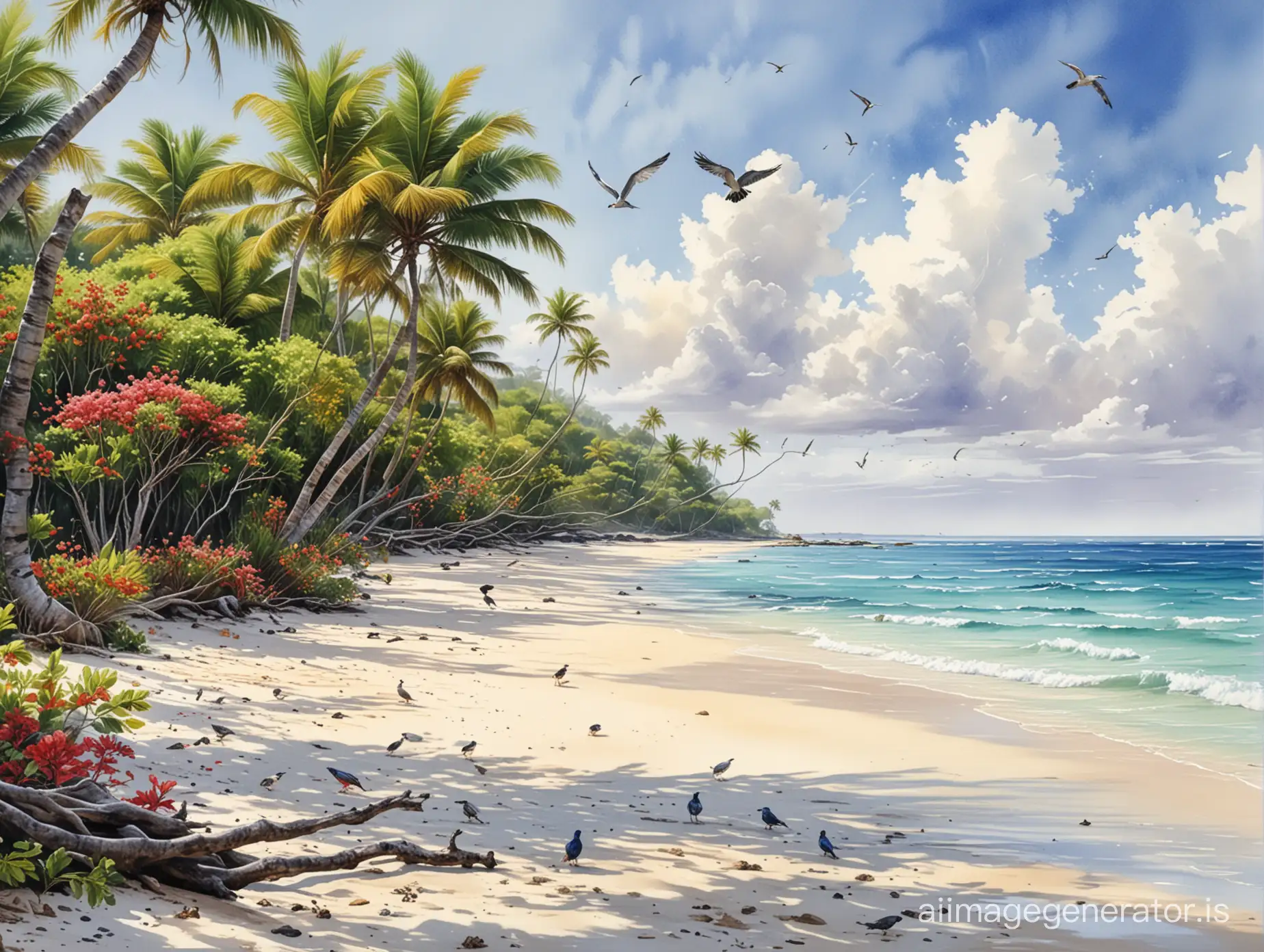 Mauritius tropical beach landscape Flic en Flac beach with filao trees and Mauritius bird, Mauritius flowers, realistic photography, detailed painting, watercolor, natural