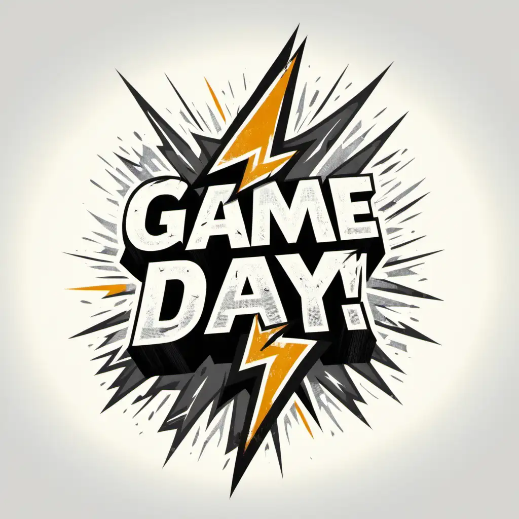 GAME DAY STACKED ON TOP OF EACH OTHER, DISTRESSED, LIGHTNING BOLT DOWN THE CENTER, WHITE BACKGROUND

