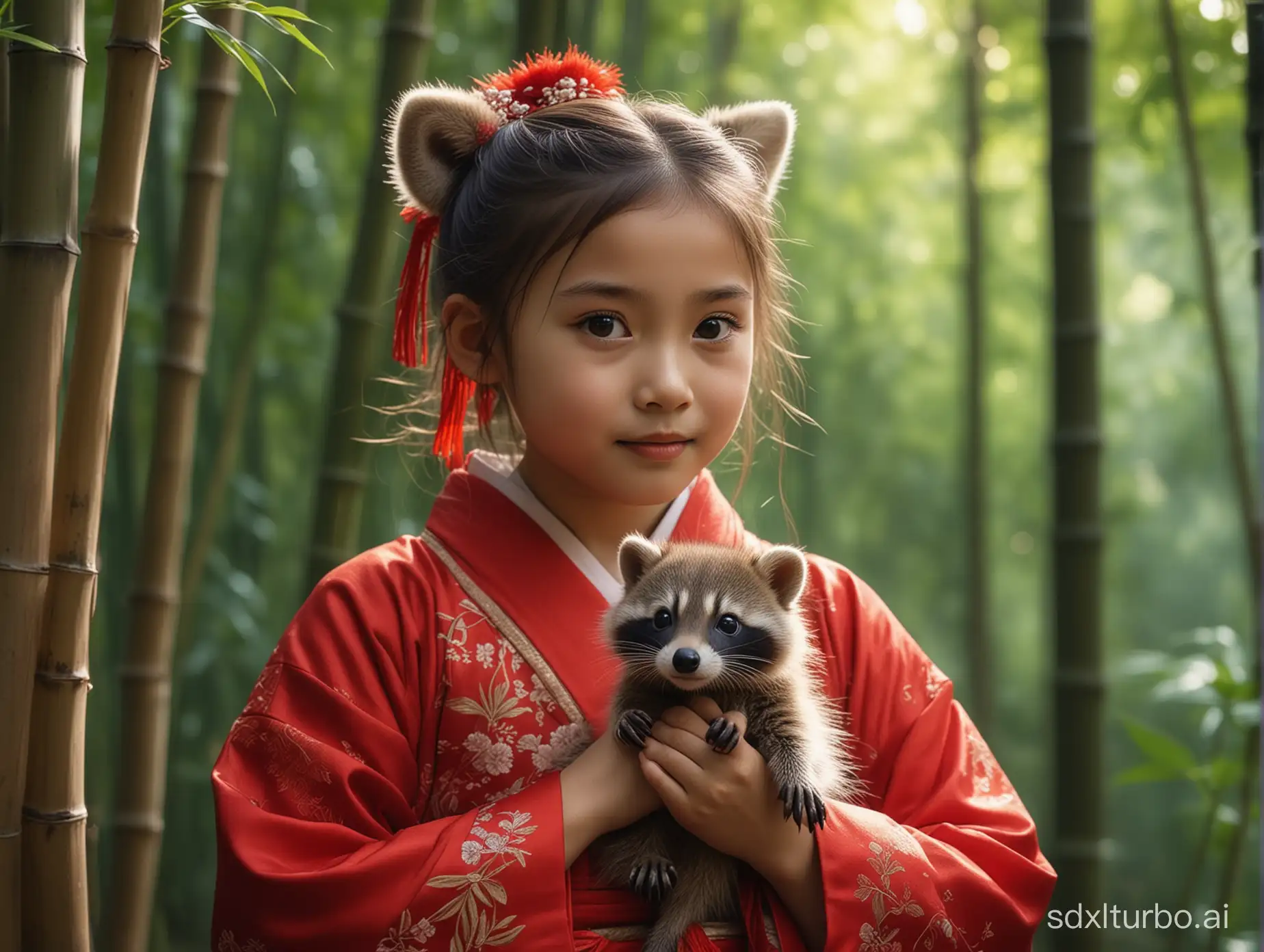 An eight-year-old girl, wearing a red Hanfu, holding a little raccoon, close-up shot, playing in the bamboo forest, half-length portrait of the girl, portrait photography, 8k, cinematic lighting effects