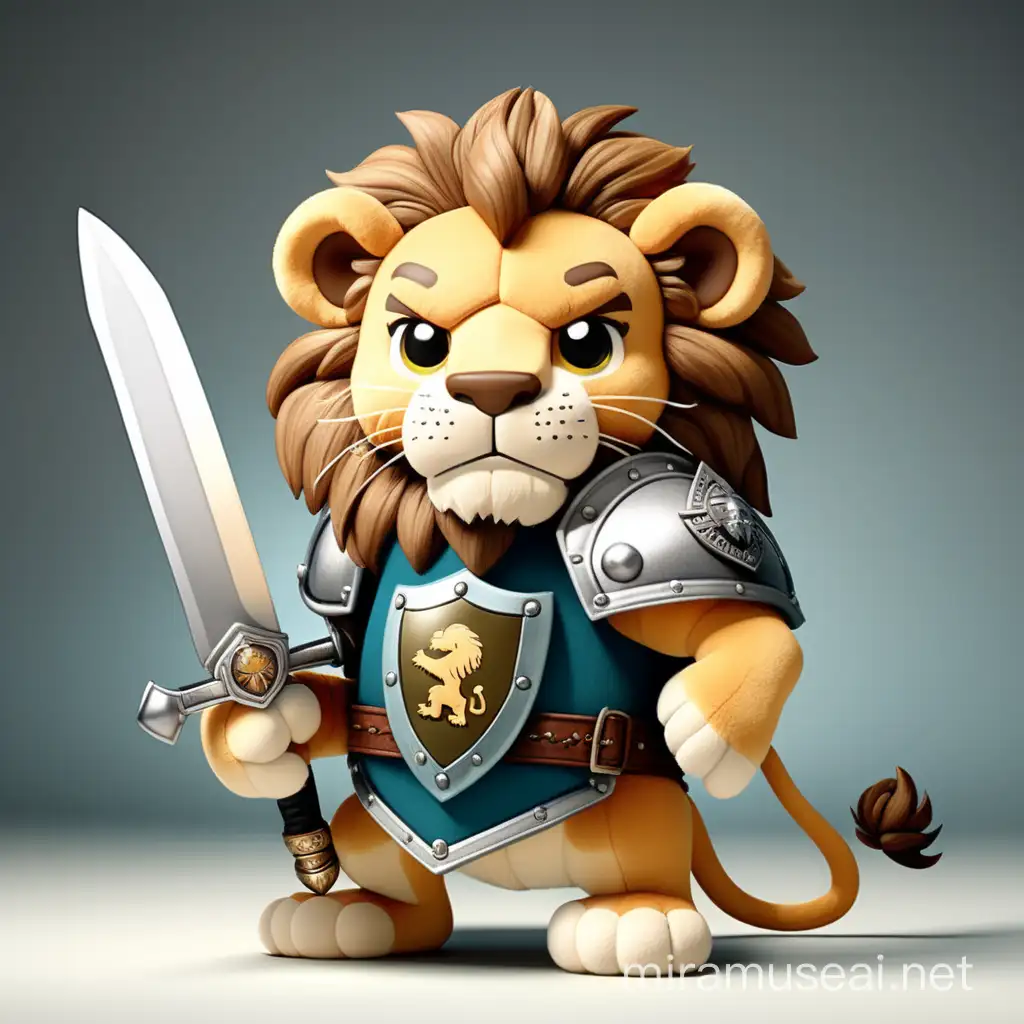 Adorable Cartoon Plush Lion Defending with Sword and Shield