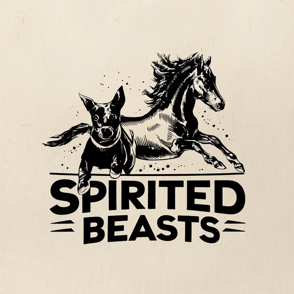 logo, dog and horse being wild, illustration, vintage, classic, with the text "Spirited Beasts", typography, be used in Animals Pets industry
