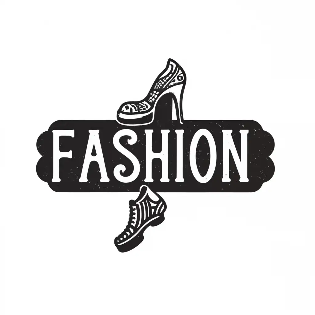 a logo design,with the text "Fashion", main symbol:shoes, abstract, vintage, monochromatic, minimalistic, traditional tattoo theme.,Moderate,clear background