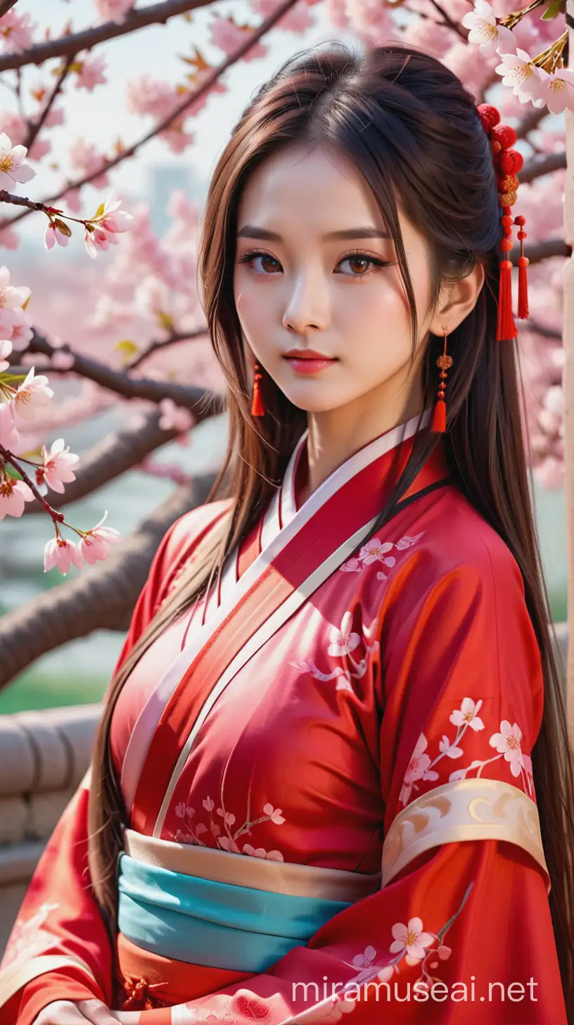 Elegant Chinese Woman Amidst Cherry Blossoms in Traditional Red Dress