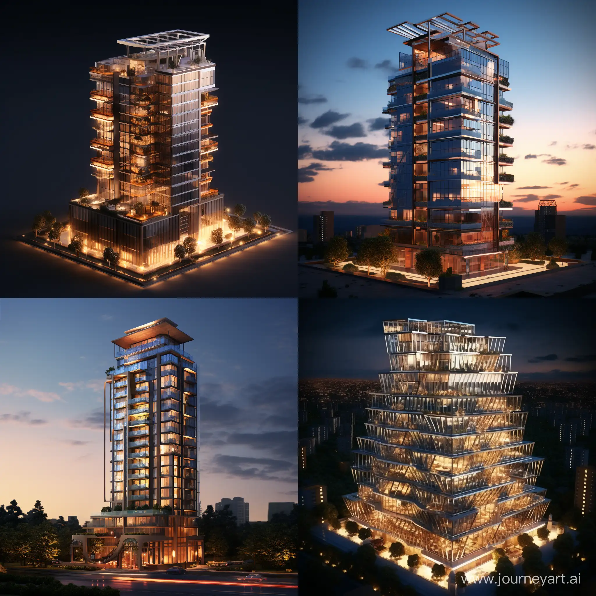 A tower building consisting of 40 floors. The facade of each floor is made of a variety of building materials and an innovative, modern and modern design