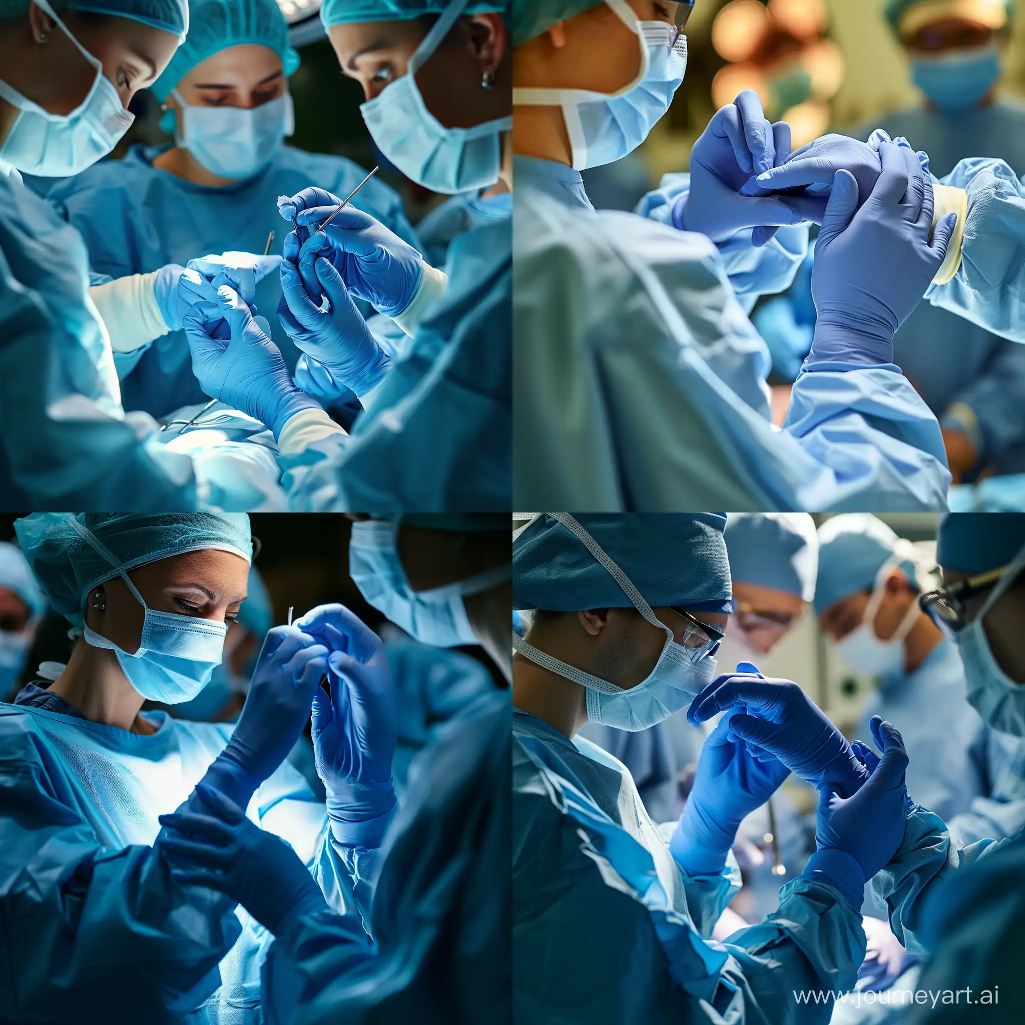 Медсестра надевает хирургу голубые перчатки в операционной для проведения операции, фотография, реализм, детали, крупным планом