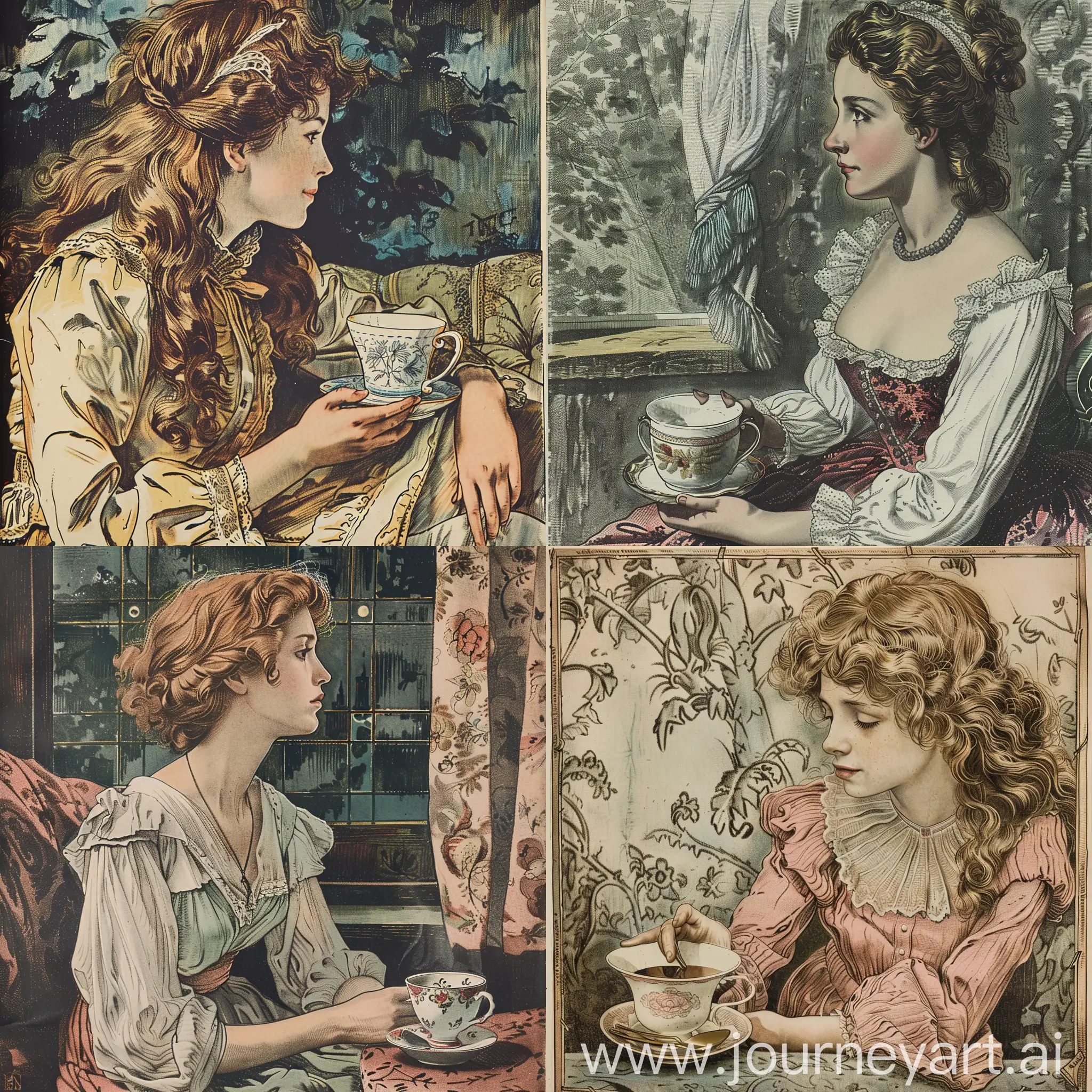 young woman sitting with a porcelain tea cup, three-quarter spread, color engraving
