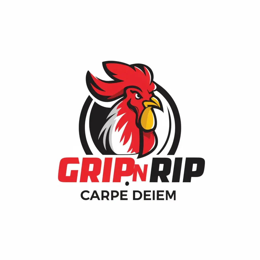 a logo design,with the text "Grip n Rip", main symbol:Rooster and tag line 25 of Carpe Diem years of ,Minimalistic,be used in Sports Fitness industry,clear background