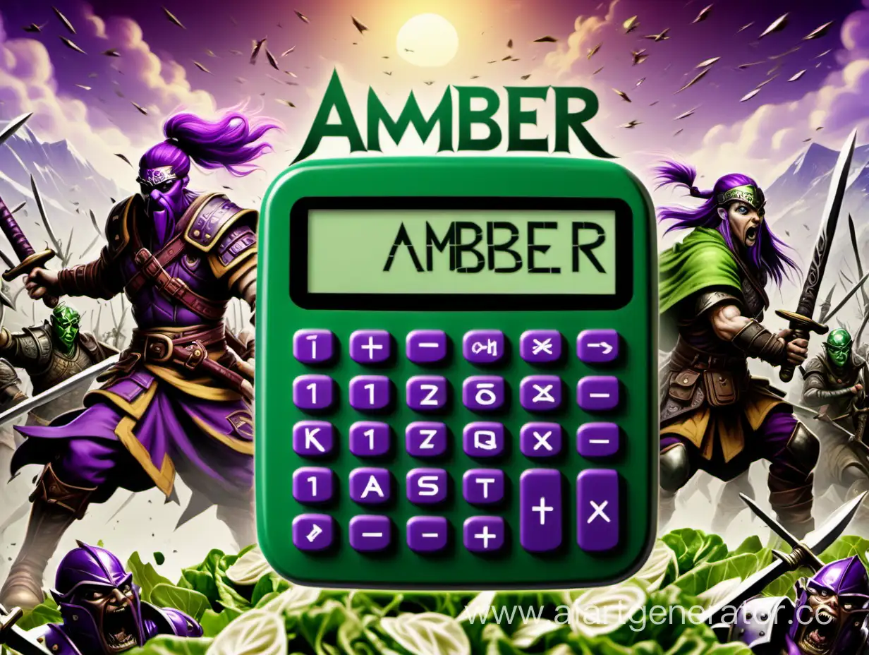 Калькулятор на фоне двух кланов. Слева клан в салатово-зеленых оттенках с мечами. Справа клан в фиолетовых оттенках. Кланы бегут друг на друга. На переднем плане калькулятор, на котором написано "Амбер"