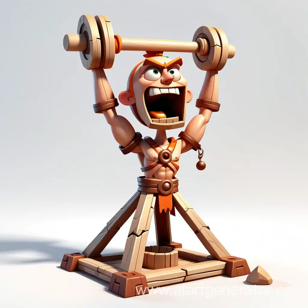 Cartoon-3D-Catapult-Game-Stand-on-White-Background