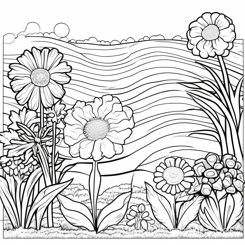 soil, vegetable, flowers, Coloring Page, black and white, line art, white background, Simplicity, Ample White Space. The background of the coloring page is plain white to make it easy for young children to color within the lines. The outlines of all the subjects are easy to distinguish, making it simple for kids to color without too much difficulty