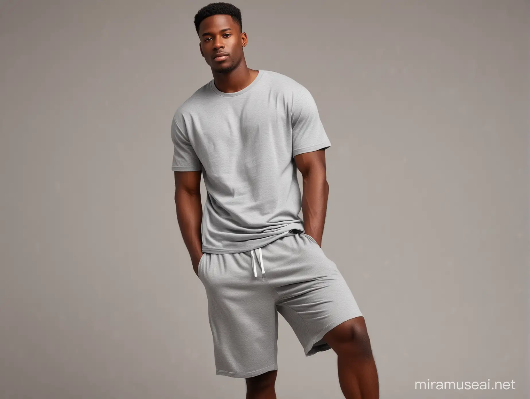  black man model full body wearing a plain short sleeve grey t-shirt with plain  grey SHORTS on
