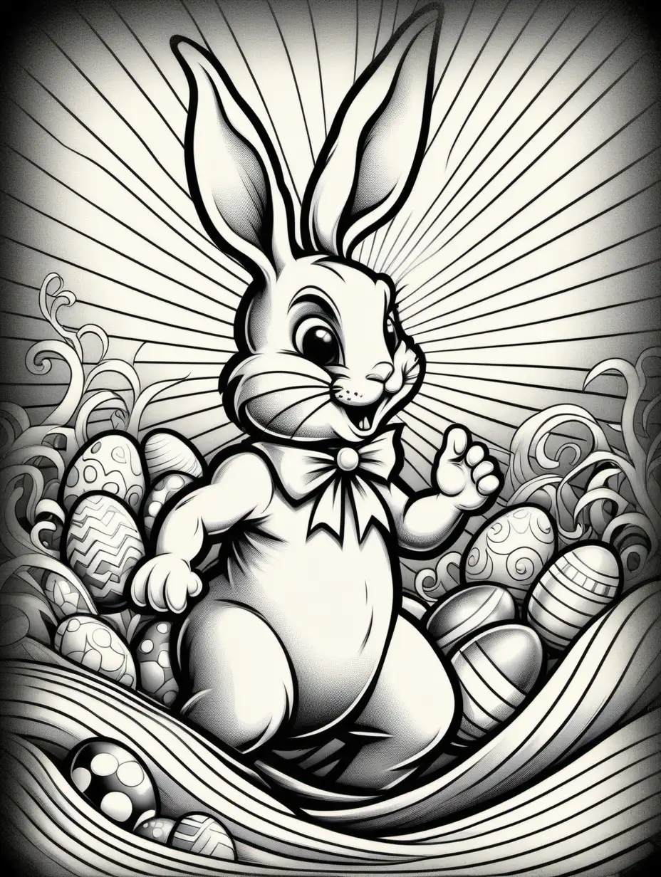 /imagine prompt:coloring pages for adults, Evil Easter Bunny, In the style of of Vintage advertisements Wavy Lines, High Detail, Solid color background, Black and white, No Shading, --ar 9:16