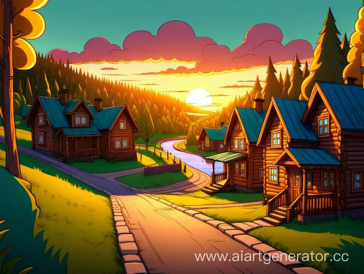 Quaint-Russian-Village-Street-at-Sunset-with-The-Simpsons-Cartoon-Style-Wooden-Houses