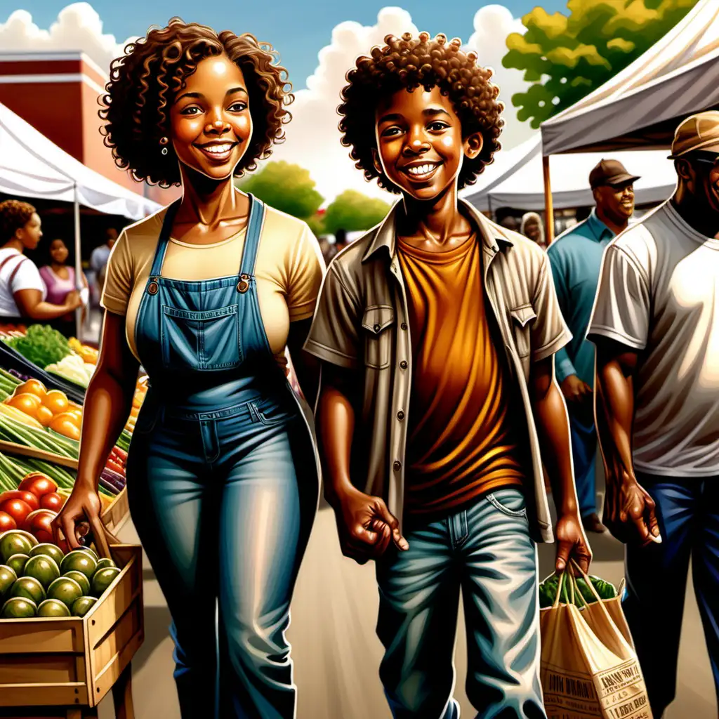 cartoon ernie barnes style african american 10 year old boy with curly hair smiling walking with parents in the farmer's market 
