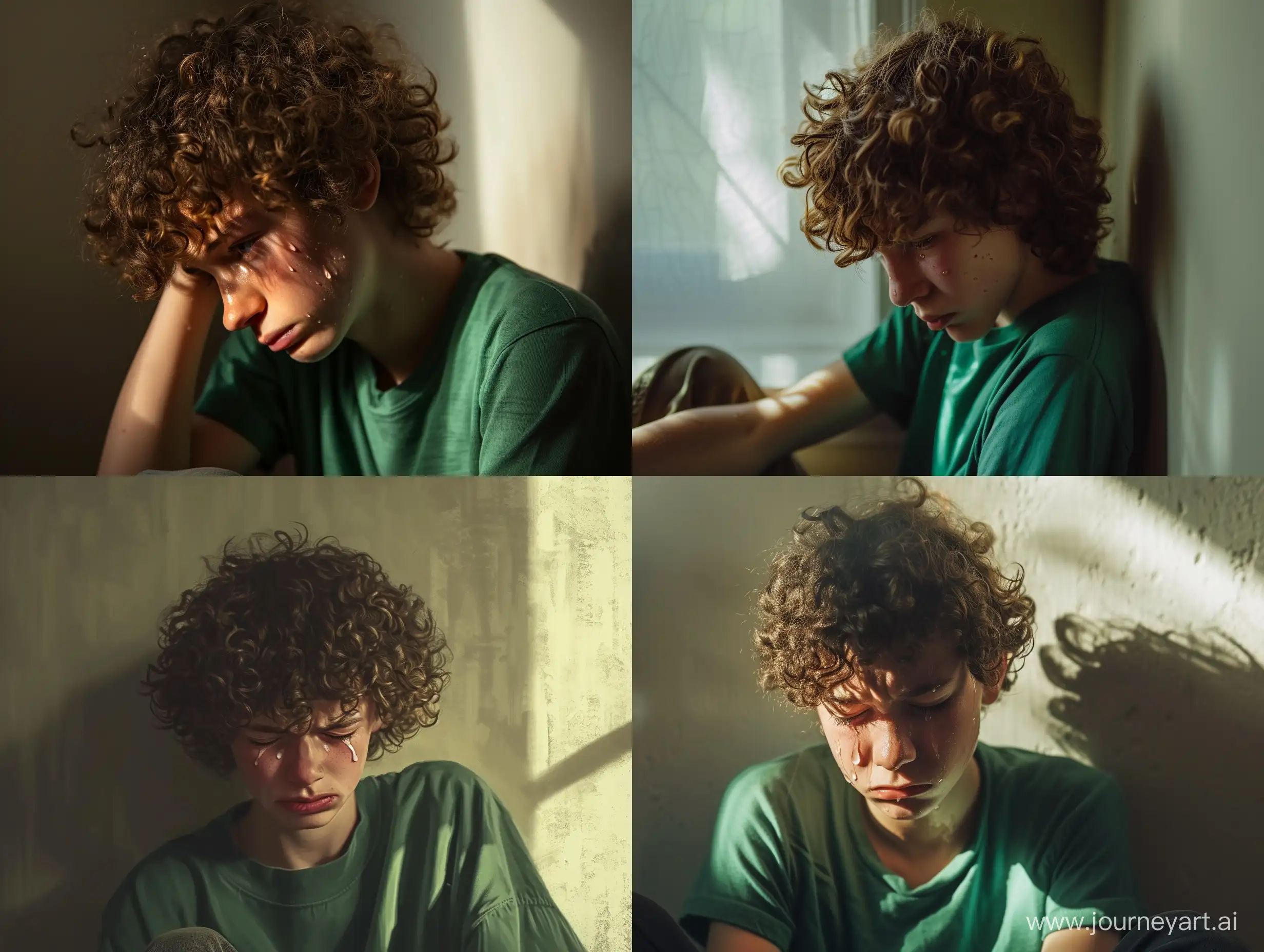 A curly-haired 16-year-old boy in a green shirt sits against the wall and cries. The scene is illuminated by soft light coming through the window and creates a shadow falling on his exhausted face. His curly hair frames his face, creating a touching image. The image must be rendered in high detail to convey every tear and wrinkle on his face.