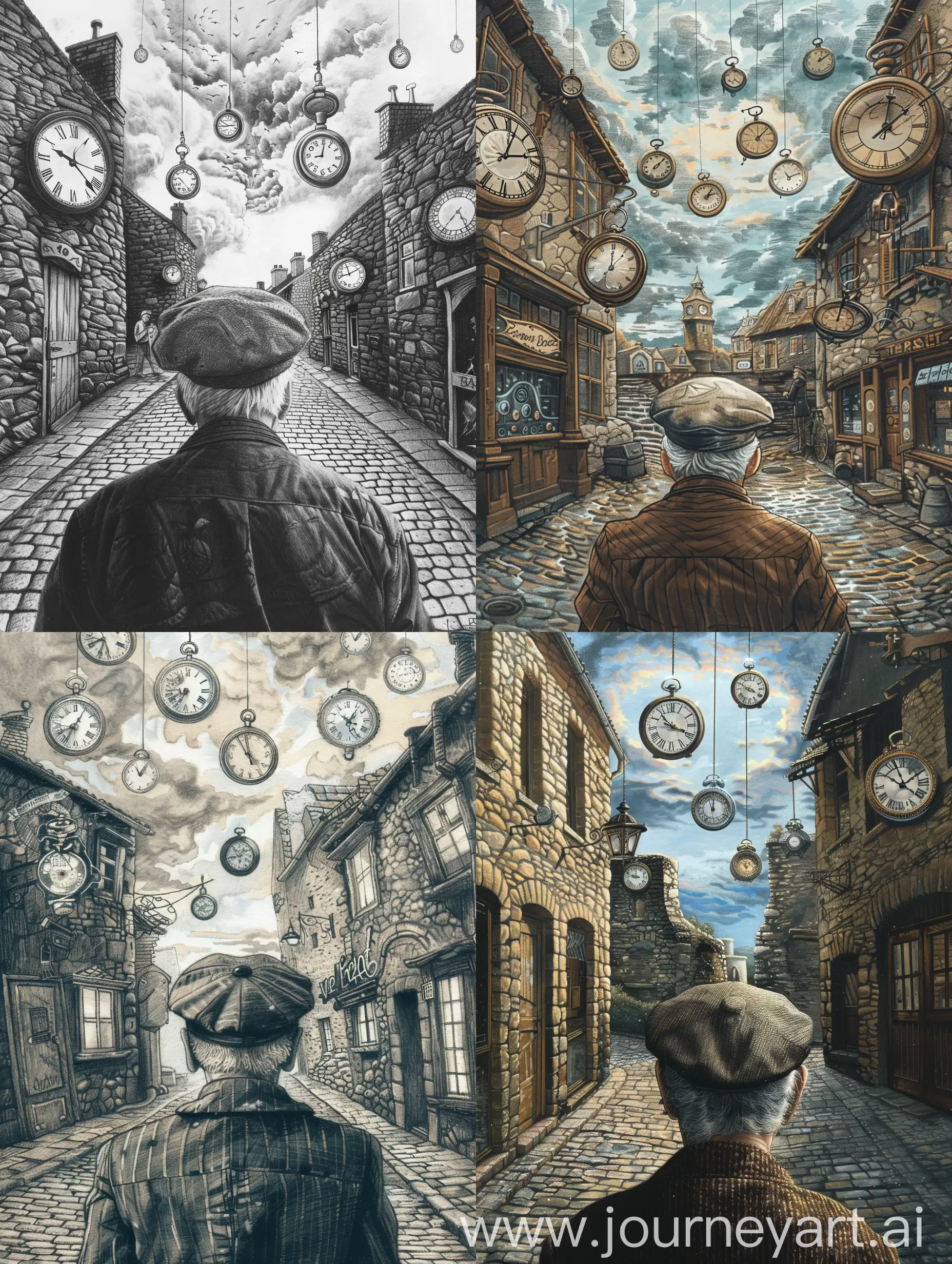 Elderly-Gentleman-in-a-Cobblestone-Street-with-Hanging-Clocks