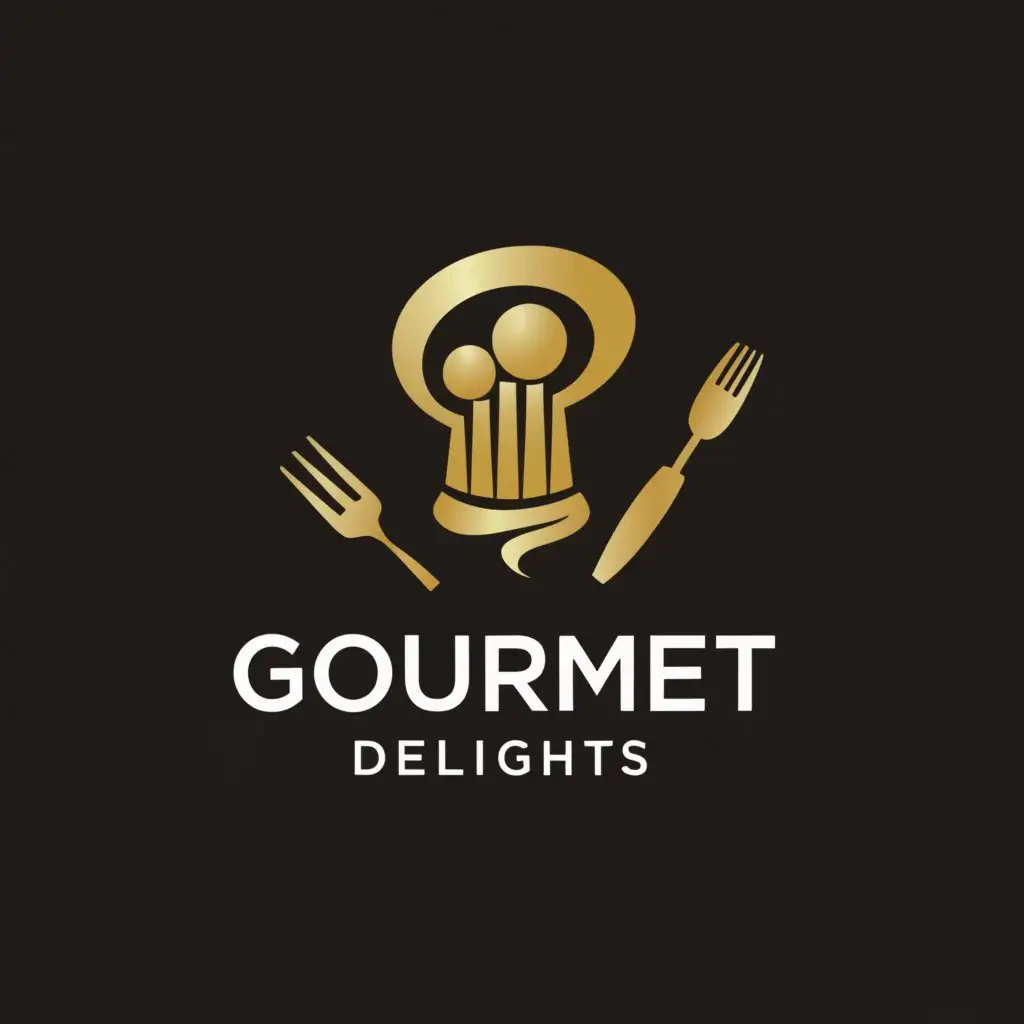 a logo design,with the text "Gourmet Delights", main symbol:A logo
featuring a refined chef's hat and
cutlery, representing luxury, fine
dining, and the company's
gourmet food offerings.,Minimalistic,clear background