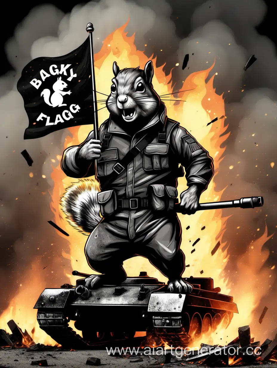 Angry squirrel stands with black flag on burning, broken tank, sparks flying, smoke. Poster style