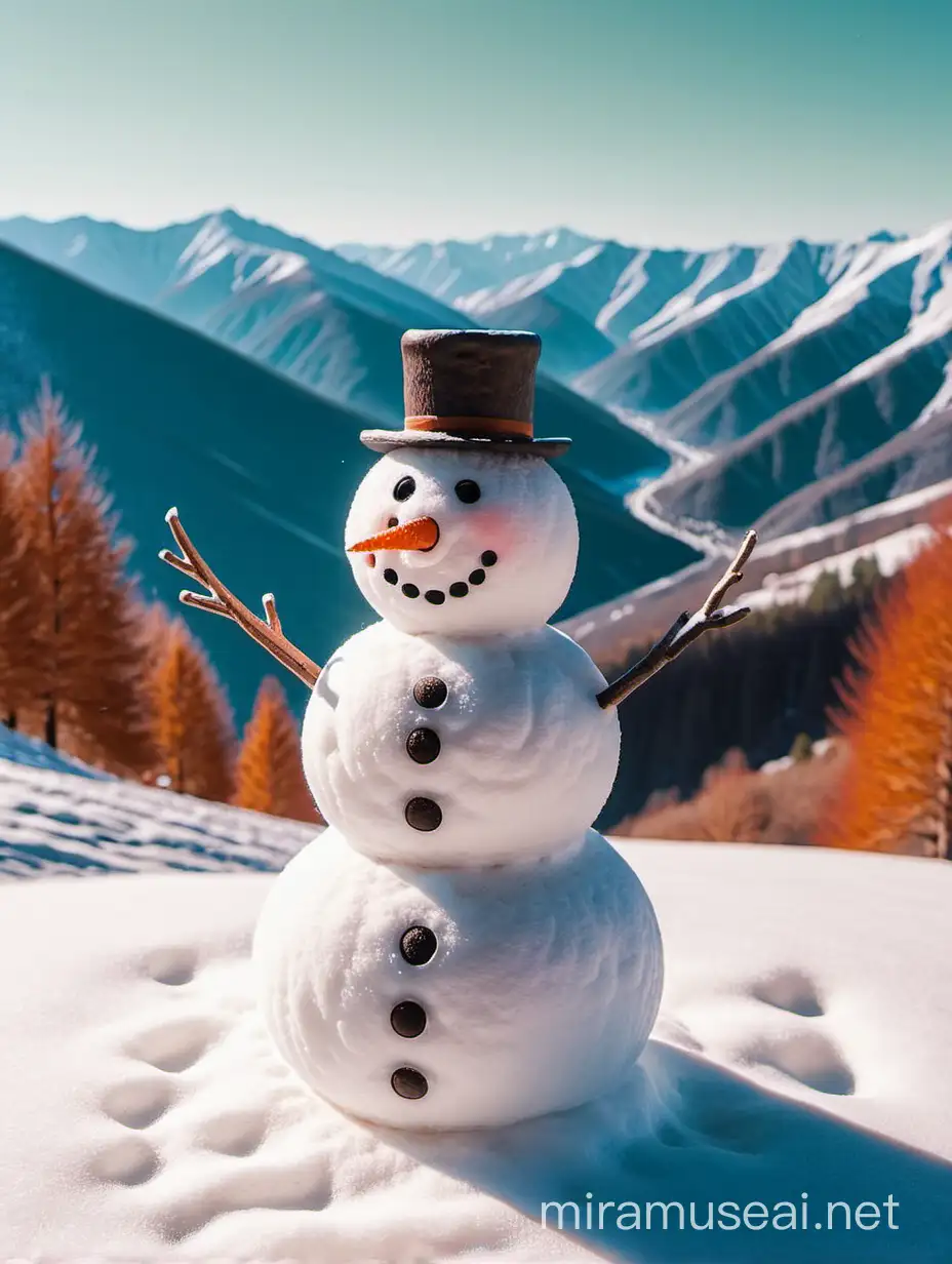Snowman Enjoying Serene Mountain Landscape