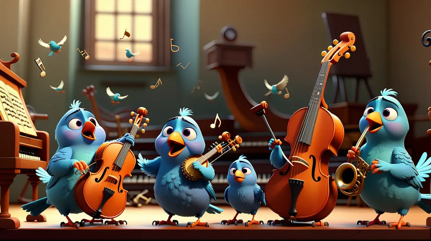Pixar style. small birds playing on music instruments big scene. there is an empty space on the right side of the image