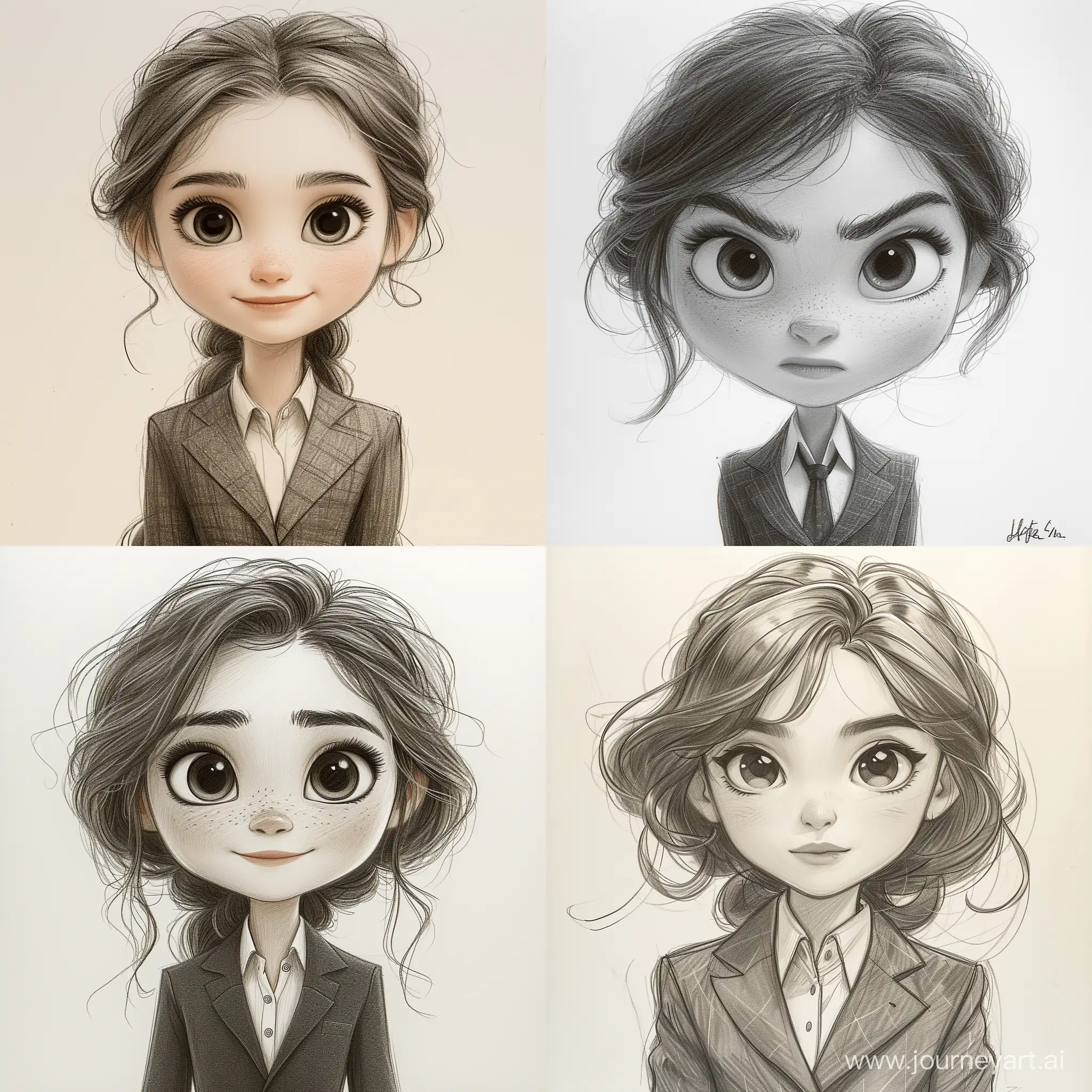 a pencil drawing of a young girl in a business suit with a very happy expression, in the style of unreal engine 5, cartoonish caricatures, i can't believe how beautiful this is, animated gifs, life-like avian illustrations, close-up, soft, romantic scenes, in the style of bold, gestural strokes, expressive facial animation, large brushstrokes/loose brushwork, gestural calligraphic, characterful animal portraits, raw brushstrokes, loose, gestural strokes --stylize 750