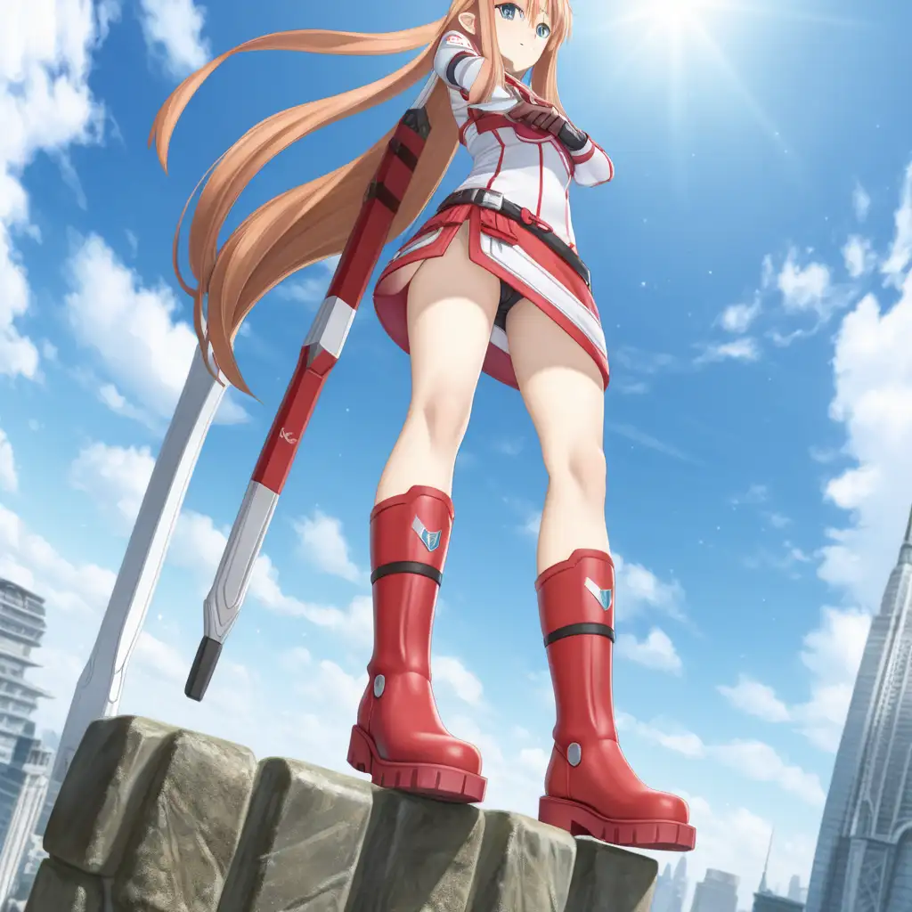 Giantess Asuna Stomping with Raised Boot Sole in Low Angle View