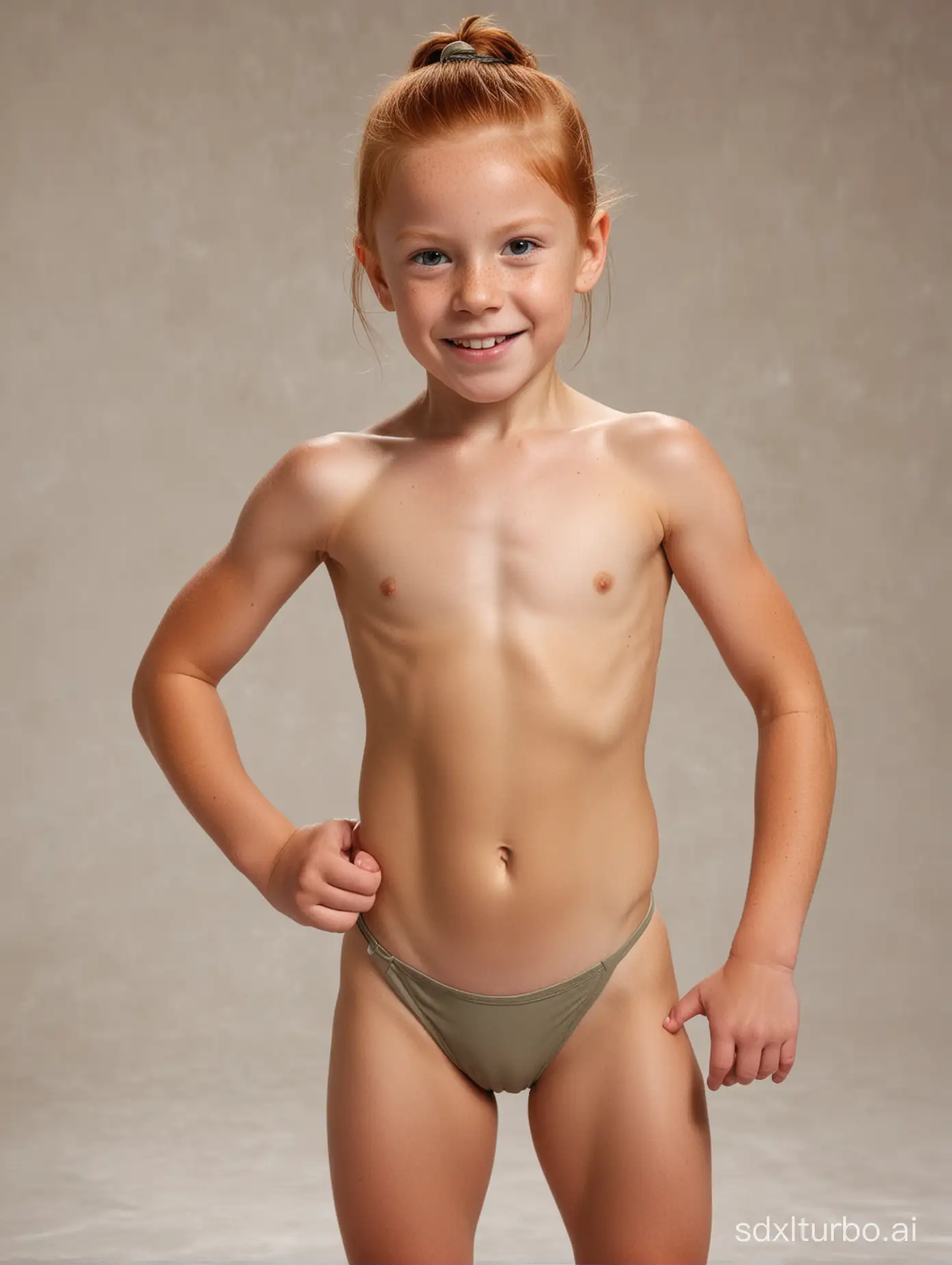 8 years old ginger hari girl, very muscular abs, string bathingsuit