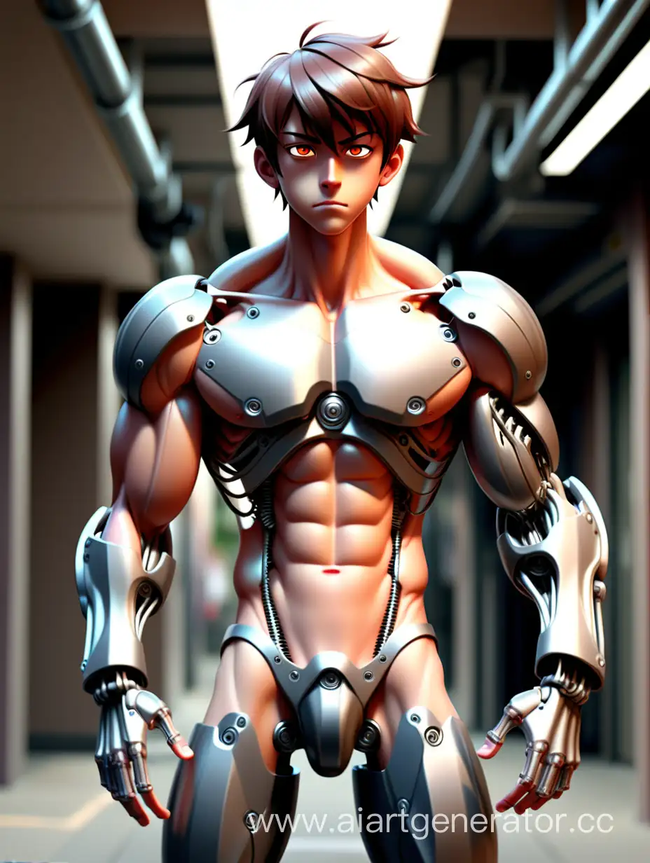 Anime guy 18 years old dresses up in his steely muscular cyborg exoskeleton