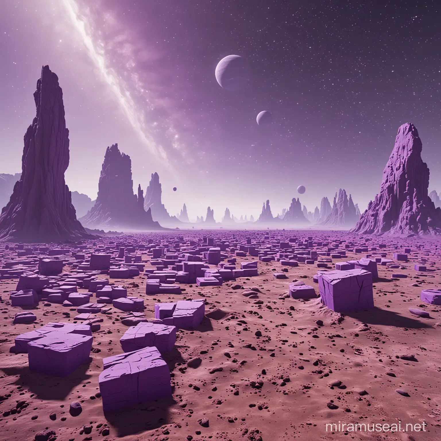 An alien landscape with large floating purple blocks