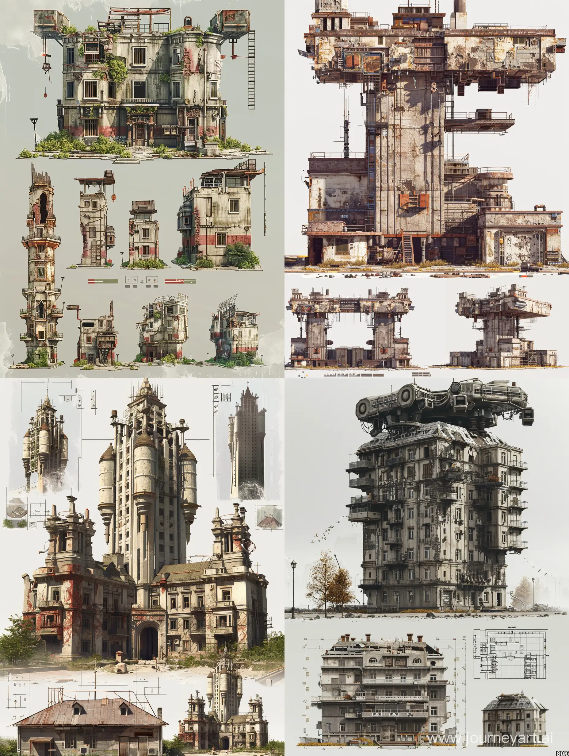 PostApocalyptic-Brutalist-Building-with-Tower-of-the-Future-and-Russian-Style-House-Sprites-for-2D-Platformer