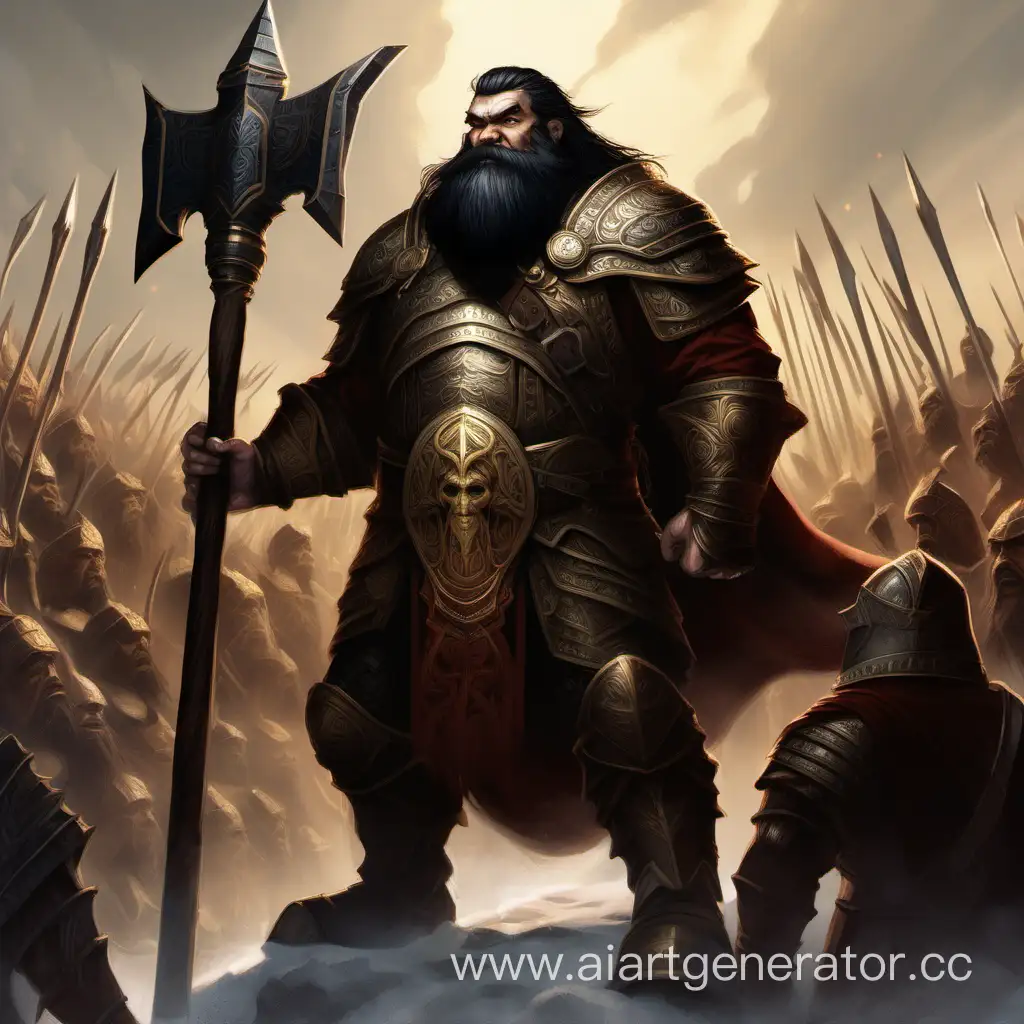 This is a stout dwarf with a bulky build, adorned with a medium-length beard and black hair.
He leads a battalion of a couple hundred warriors, who consider him their leader and protector.
In the artwork, spirits of his warriors should be depicted behind him, symbolizing their loyalty and defense.
He wields a mighty war hammer, a symbol of his authority and strength.
He should stand at full height in the artwork.
, d&d, fantasy, highly detailed, digital painting, artstation, sharp focus, fantasy art, illustration, 8k, in the style of Greg Rutkowski